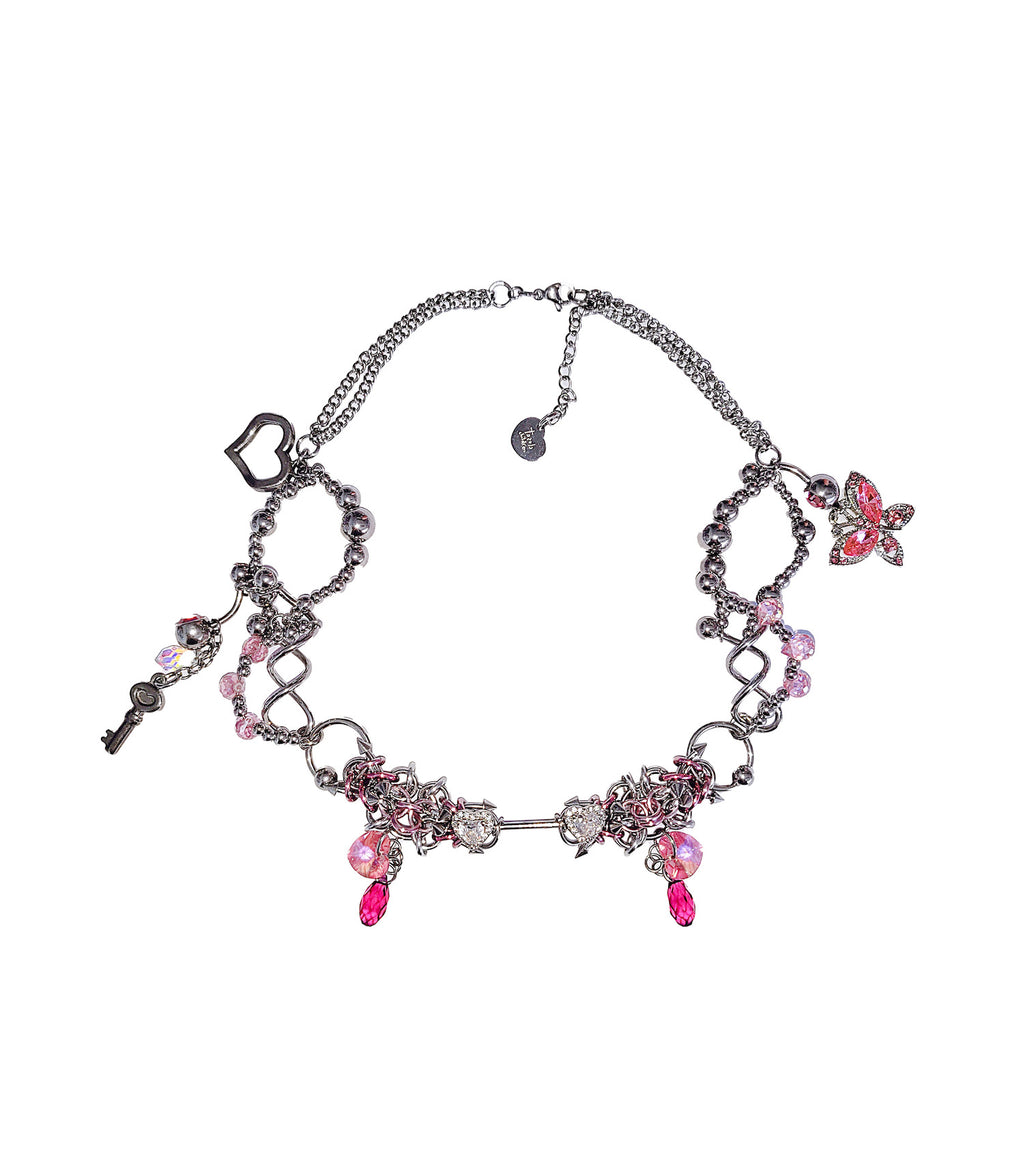 Closet children, necklace, choker, jewelry, made in Singapore, Singapore, handmade, one of a kind, stainless steel, anodized aluminum, titanium, Swarovski, crystal, gem, hoop, pink, purple, aurora lights, Los Angeles, shop Kathleen, Kathleen