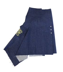 delicate porcelain, kathleen, shop kathleen, rave skirt, jnco skirt, 90s skirt, denim skirt, shredded skirt, trumpet skirt, raw denim, independent designer, small batch fashion, nyc designer