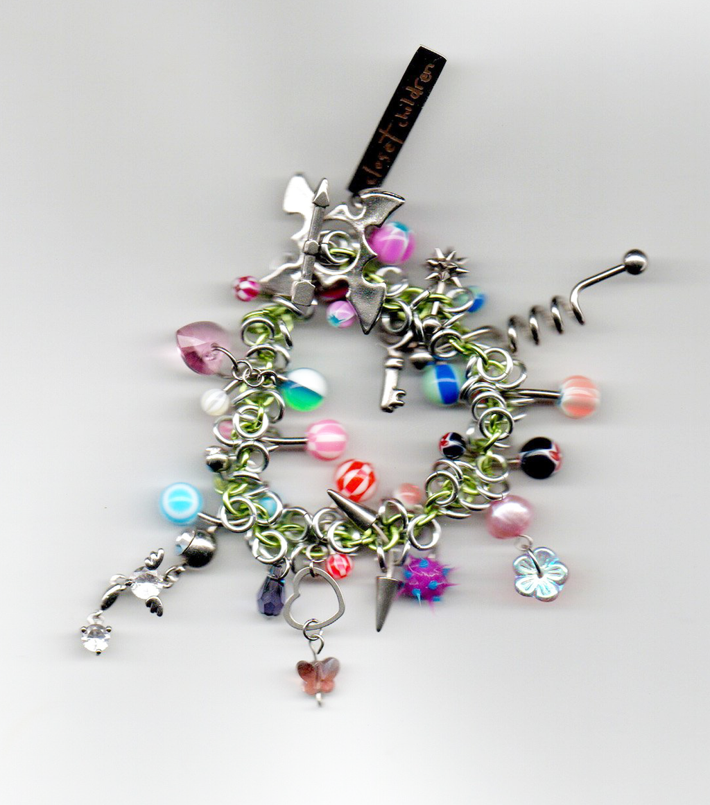 Closet children, bracelet, bracelets, jewelry, made in Singapore, Singapore, handmade, one of a kind, stainless steel, anodized aluminum, titanium, Swarovski, crystal, gem, hoop, pink, purple, aurora lights, Los Angeles, shop Kathleen, Kathleen, green apply lolly