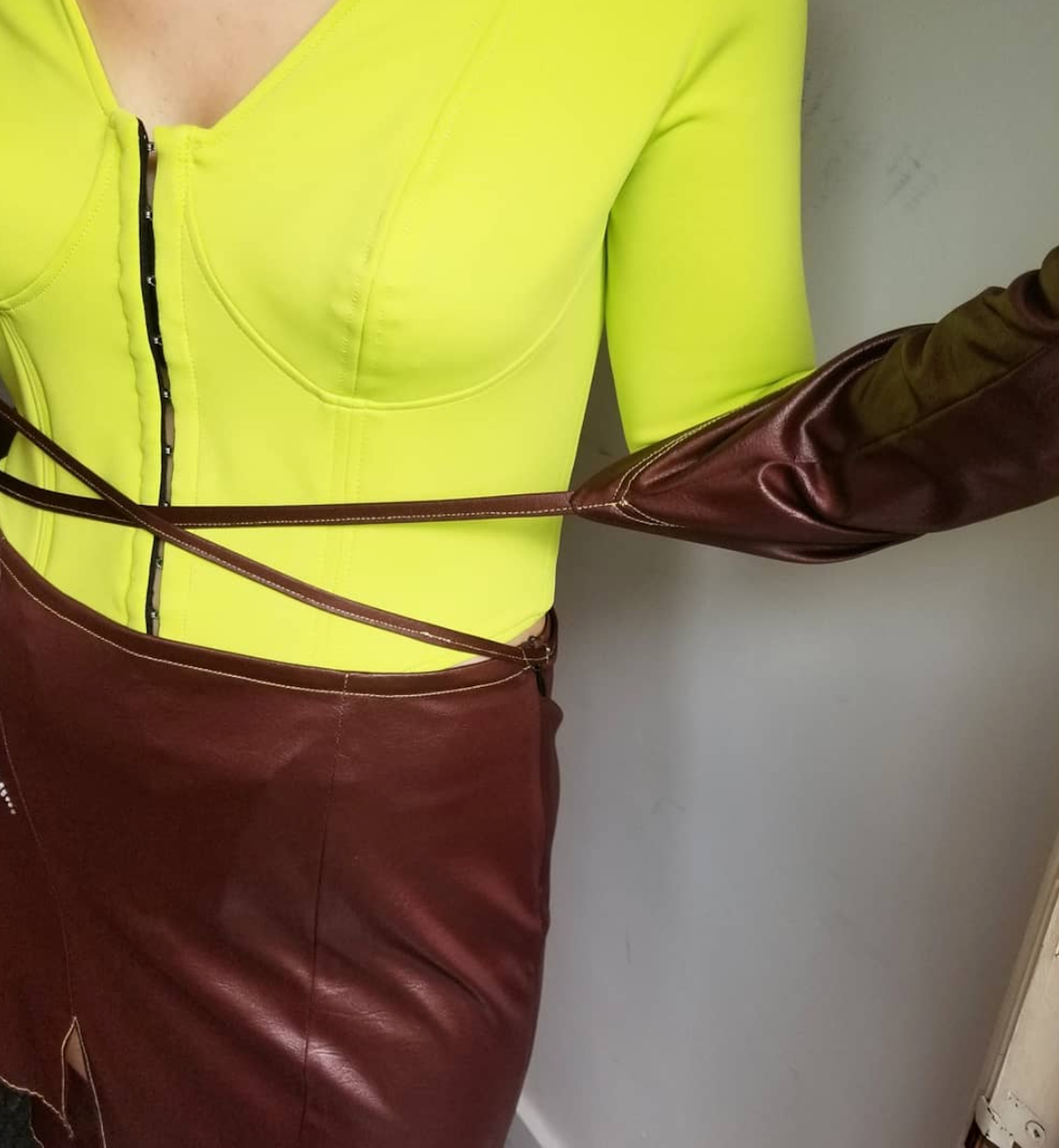 Cefie, Toronto, Vegan, Vegan leather, burgundy, mid rise, neon, asymmetrical, gloves, petal hem, rhinestone, skirt, bottom, transcend, transcend glove skirt, los angeles, Kathleen