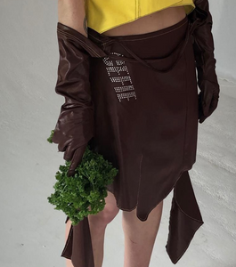 Cefie, Toronto, Vegan, Vegan leather, burgundy, mid rise, neon, asymmetrical, gloves, petal hem, rhinestone, skirt, bottom, transcend, transcend glove skirt, los angeles, Kathleen