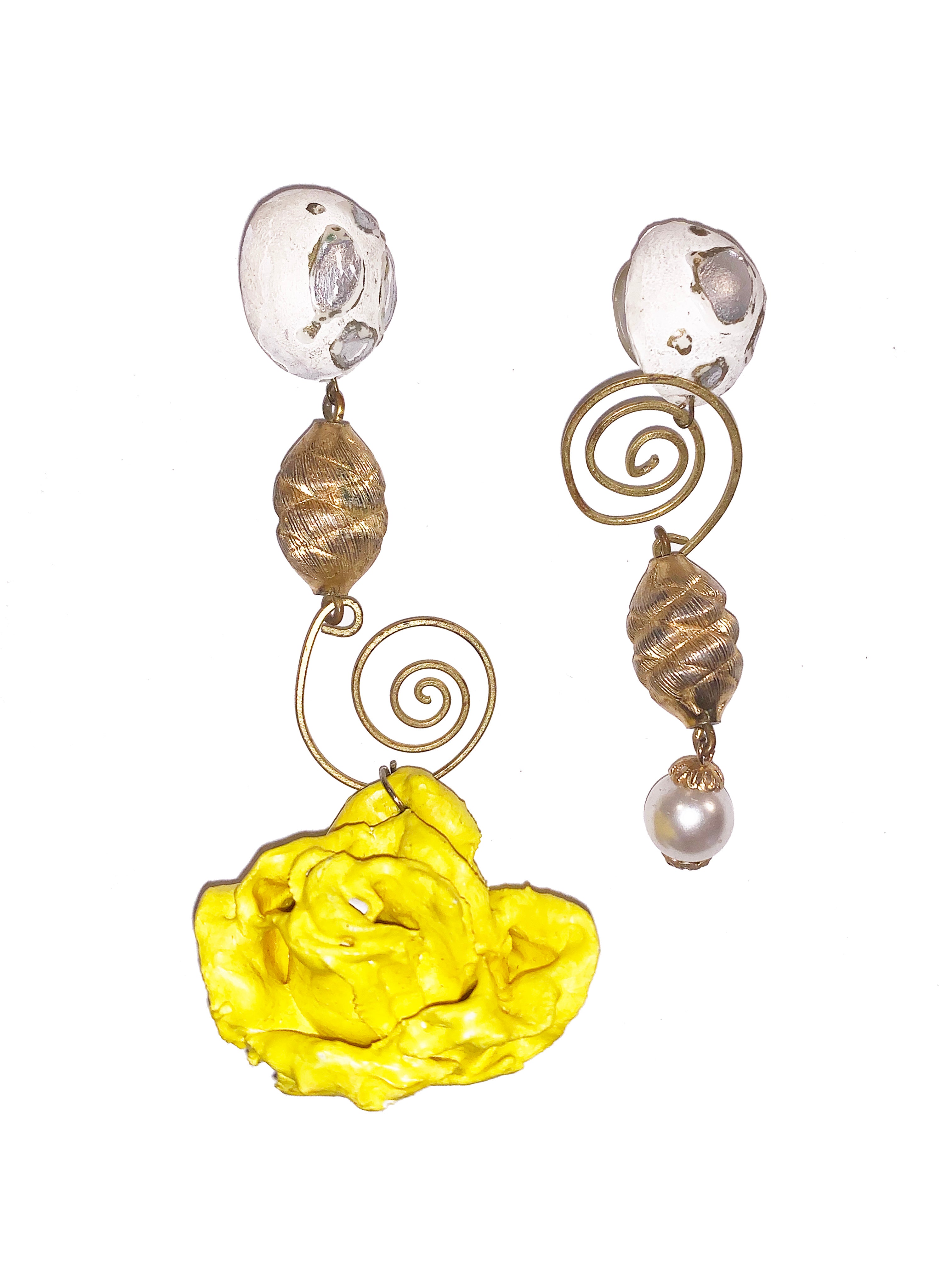 Kathleen, Shop Kathleen, Kathleen Los angeles, independent boutique, independent fashion, sustainable fashion, sustainable jewelry, upcycled, montreal designer, 3347, 3_3_4_7, found object earring, yellow earrings, punk earrings