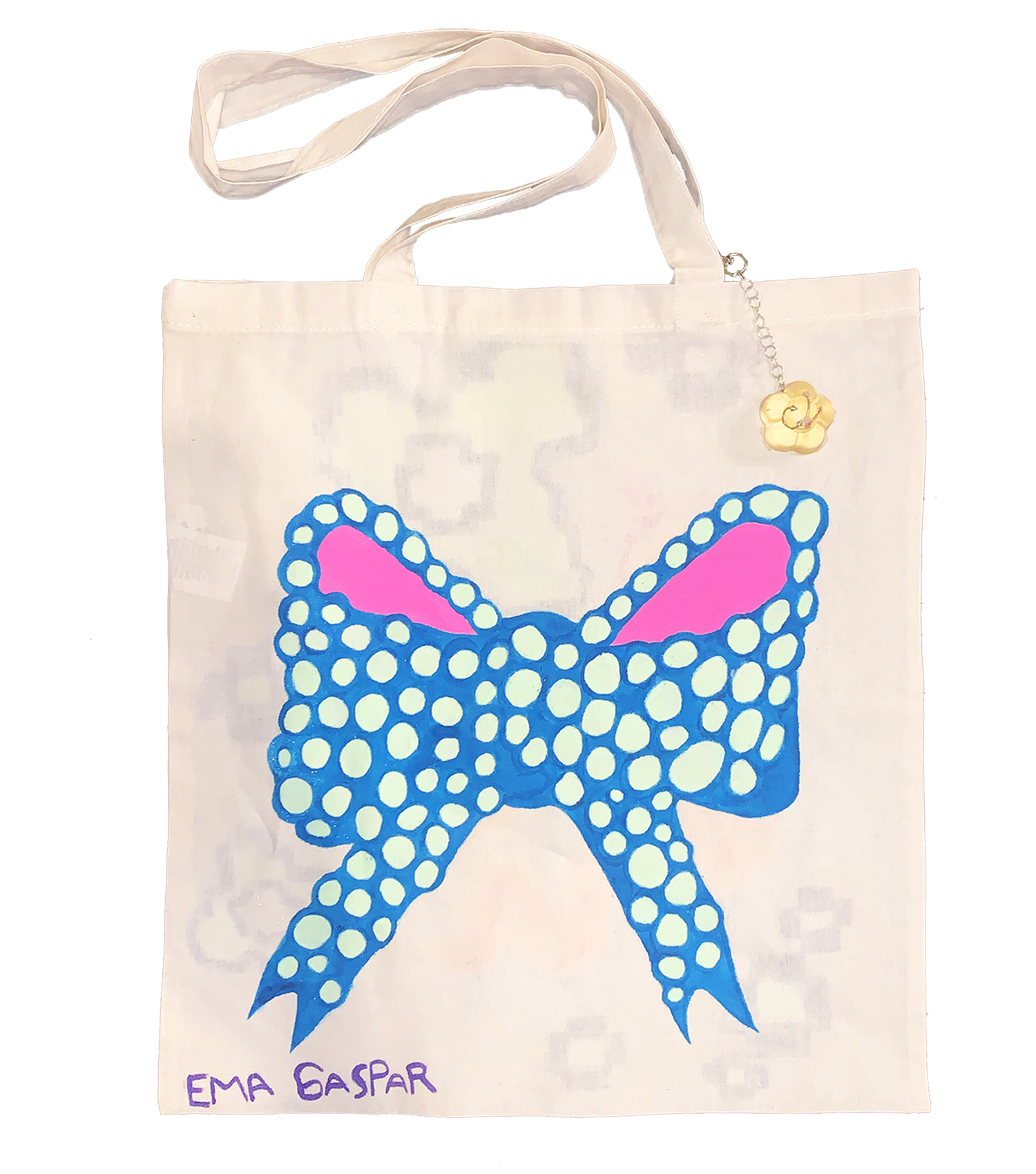 Ema Gaspar, Ema G B, hand painted tote, one of a kind, independent artist, independent designer, resin keychain, heart keychain, kathleen, kathleen los angeles, shop kathleen, independent boutique, indie boutique, tote bag, cotton tote, cartoon tote, pierced keychain, tie dye tote, hand dyed