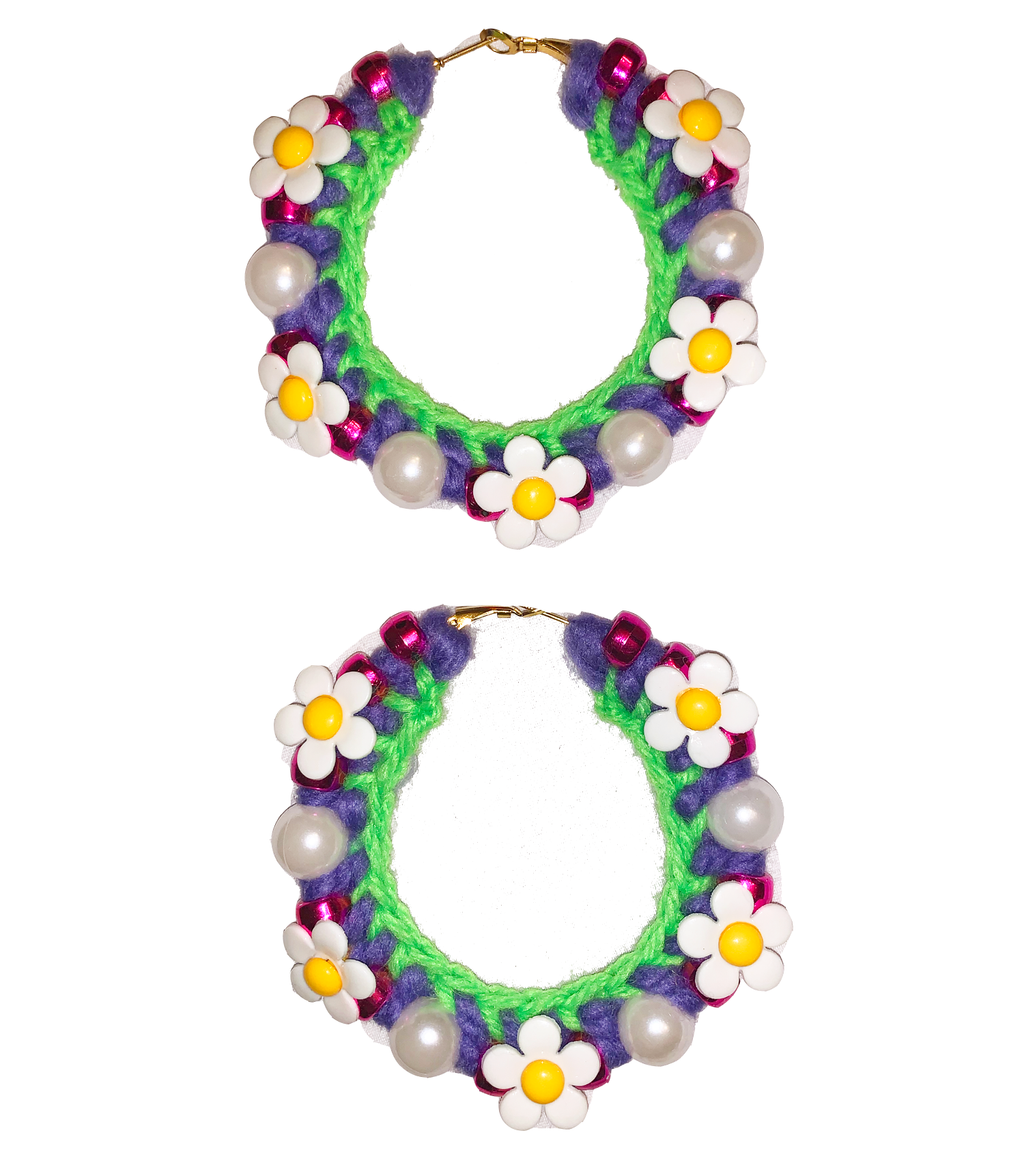 Jessica Stahl, Crochet Hoops, Kathleen, Kathleen Los Angeles, Boutique, Los Angeles Boutique, Stars, Stahl Knit, oversized hoops, knit hoops, yarn hoops, beaded hoops, star charms, small business, independent artist, independent jewelry, independent designer, independent boutique, one of a kind, los angeles fashion, daisy beads, daisy earrings, flower earrings, pearl beads, pearl hoops, faux pearls, pearl earrings