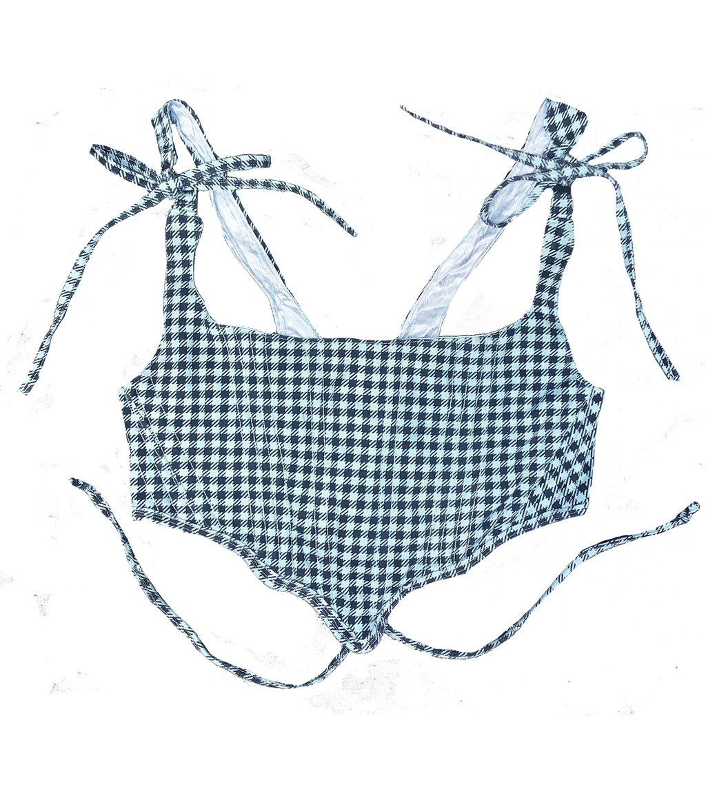 Meg Beck, Kathleen Los Angeles, Kathleen, Independent boutique, independent fashion, independent designer, handmade, one of a kind, upcycled, recycled fashion, sustainable fashion, underbust corset, corset, satin corset, half corset, houndstooth corset, corset top, bow corset, blue corset, regency stays, regency corset, half stays, 18th century corset