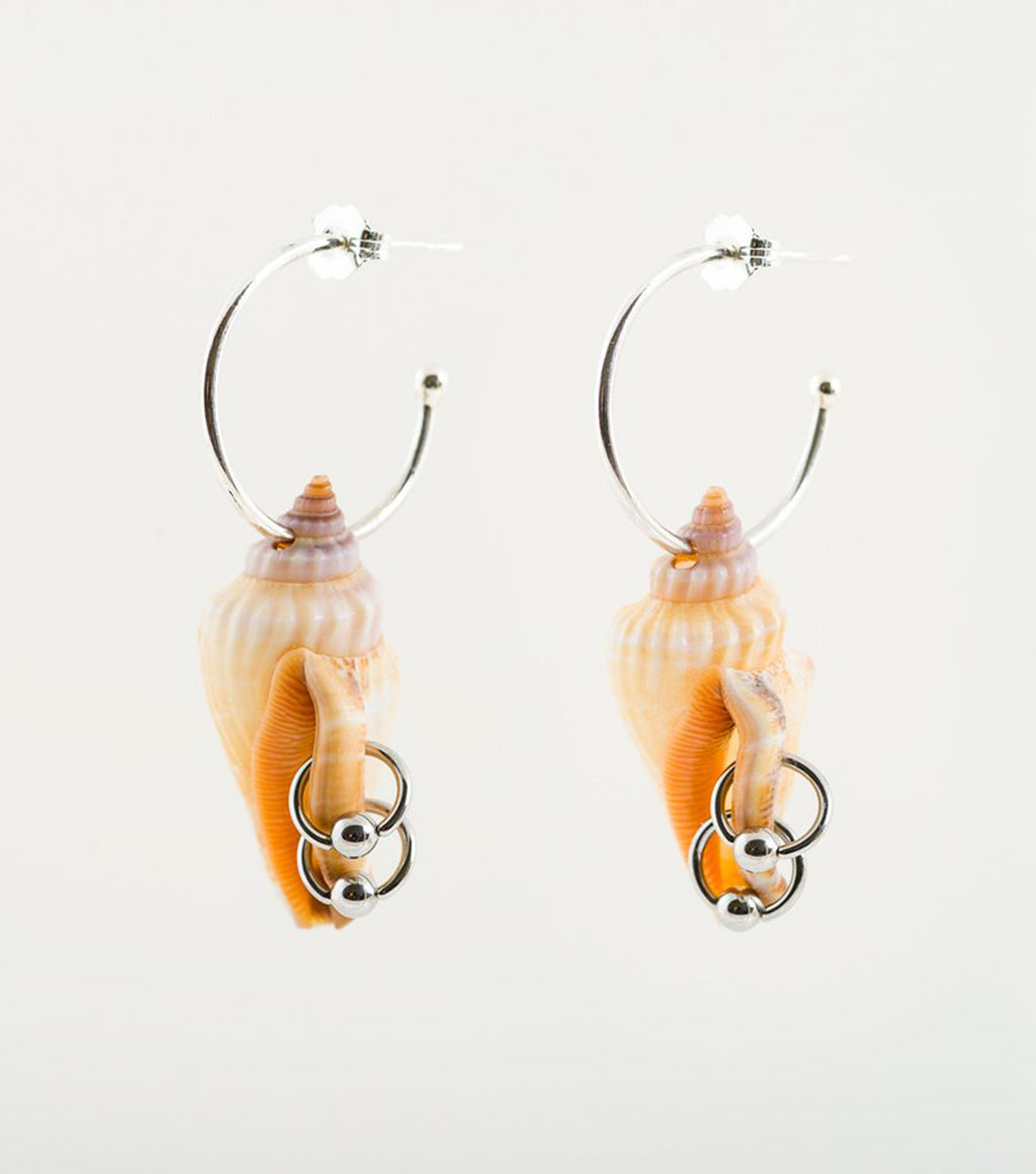 jewelry, shell earrings, earrings, soft blonde, stainless steel earrings, shells, pierced, hoops, brunt orange, orange, natural, handmande, one of a kind, los angeles, kathleen, shop kathleen