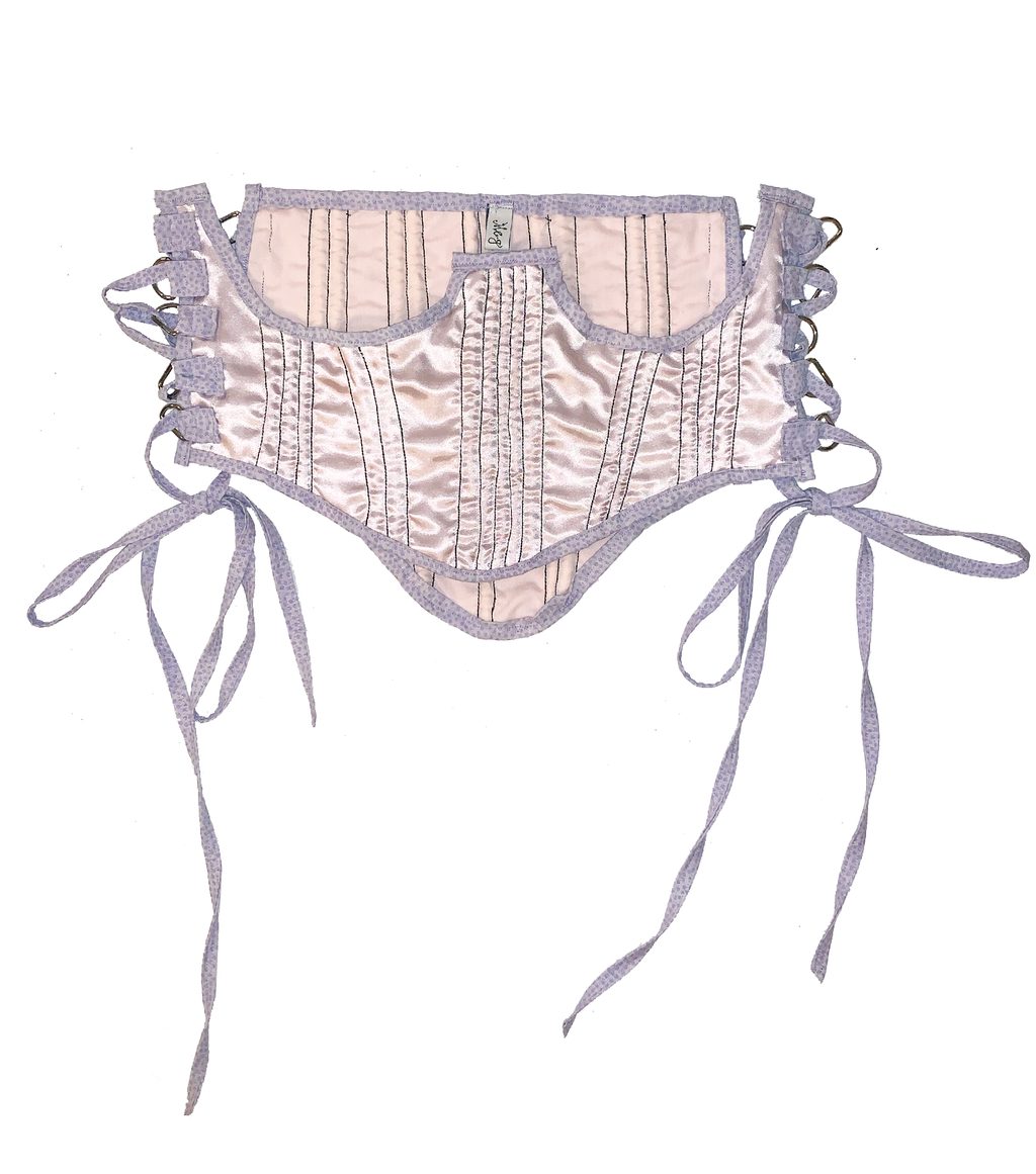 Meg Beck, Kathleen Los Angeles, Kathleen, Independent boutique, independent fashion, independent designer, handmade, one of a kind, upcycled, recycled fashioon, sustainable fashion, underbust corset, corset, sation corset, half corset, lilac corset, corset top, bow corset, pink corset, regency stays, regency corset, half stays, pink stays, 18th century corset