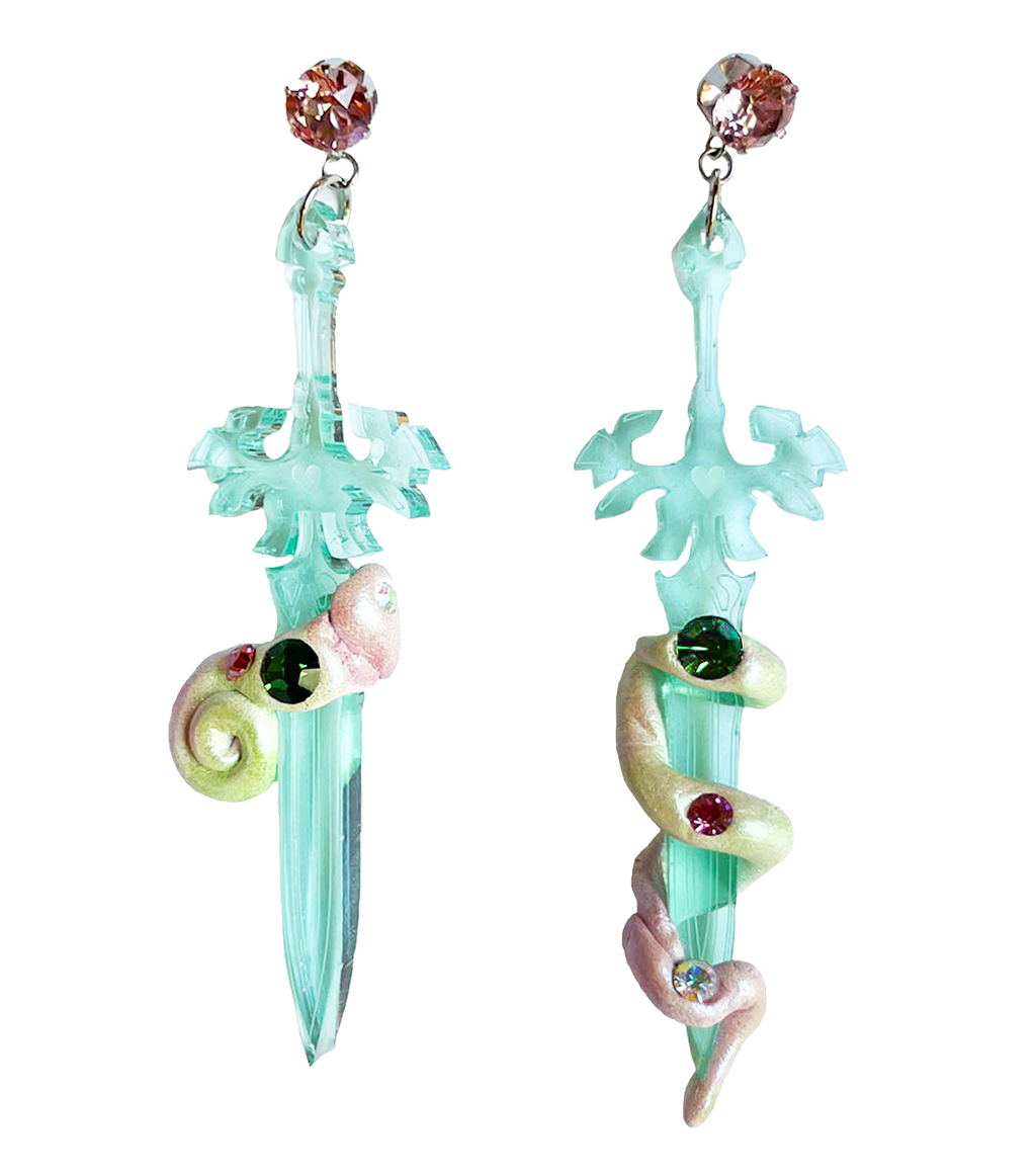 earrings, emma pryde, Madison artist, handmade, dagger, sword, shop kathleen, kathleen, los angeles, handmade, crystal, lasercut, cz, Swarovski, kathleen los angeles, shop kathleen, kathleen la, crystal earrings, emma pryde earrings, emma pryde necklaces, jewel earrings, anime earrings, video game earrings, scimitar earrings, small business, hand cast resin earrings, glitter earrings