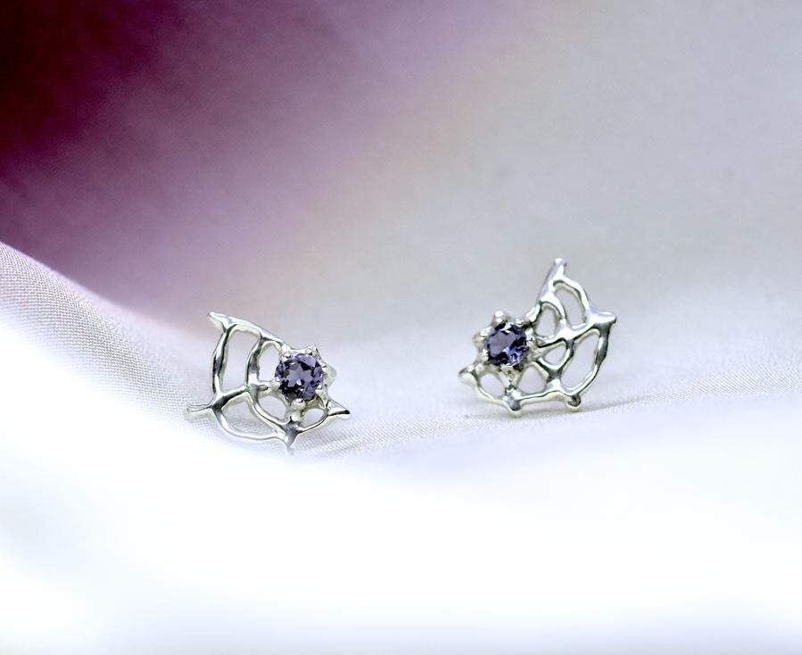 Loneru, Lonerü, sterling silver stud, spider web stud, vermont jewelry, sterling silver stud, iolite gemstone, kathleen, kathleen los angeles, independent boutique,  independent artist, independent designer, handmade jewelry, los angeles boutique, spider earring, cobweb earring