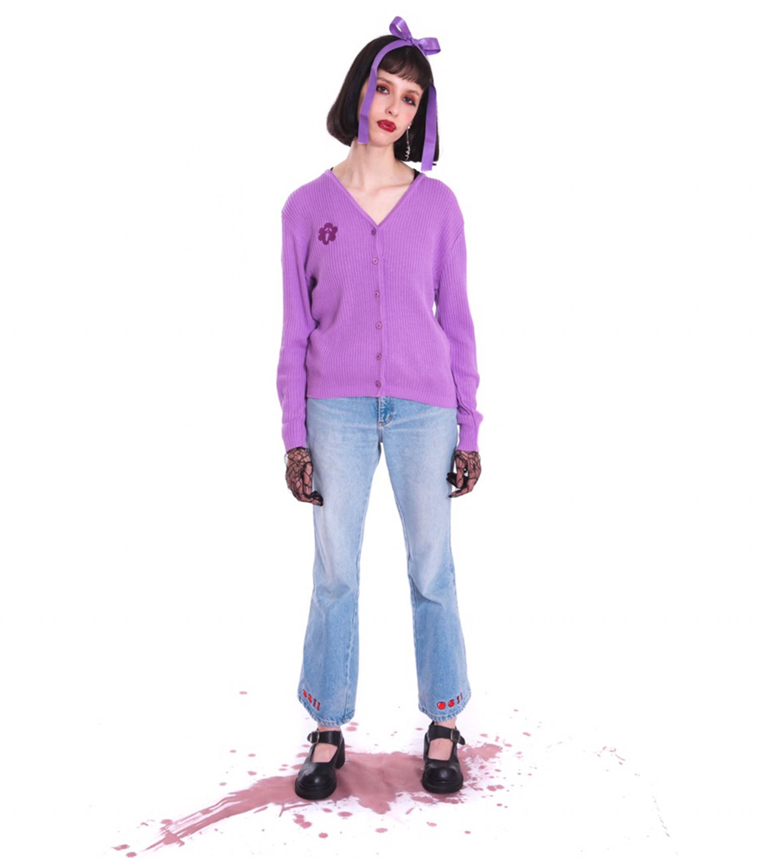 Bodega Slasher, cici Cooper, scream, 1997, y2k, ghostface, purple, lilac, top, sweater, cardigan, knitted, knitted cardigan, knit, made in Mexico, Mexico, Los Angeles, Kathleen 