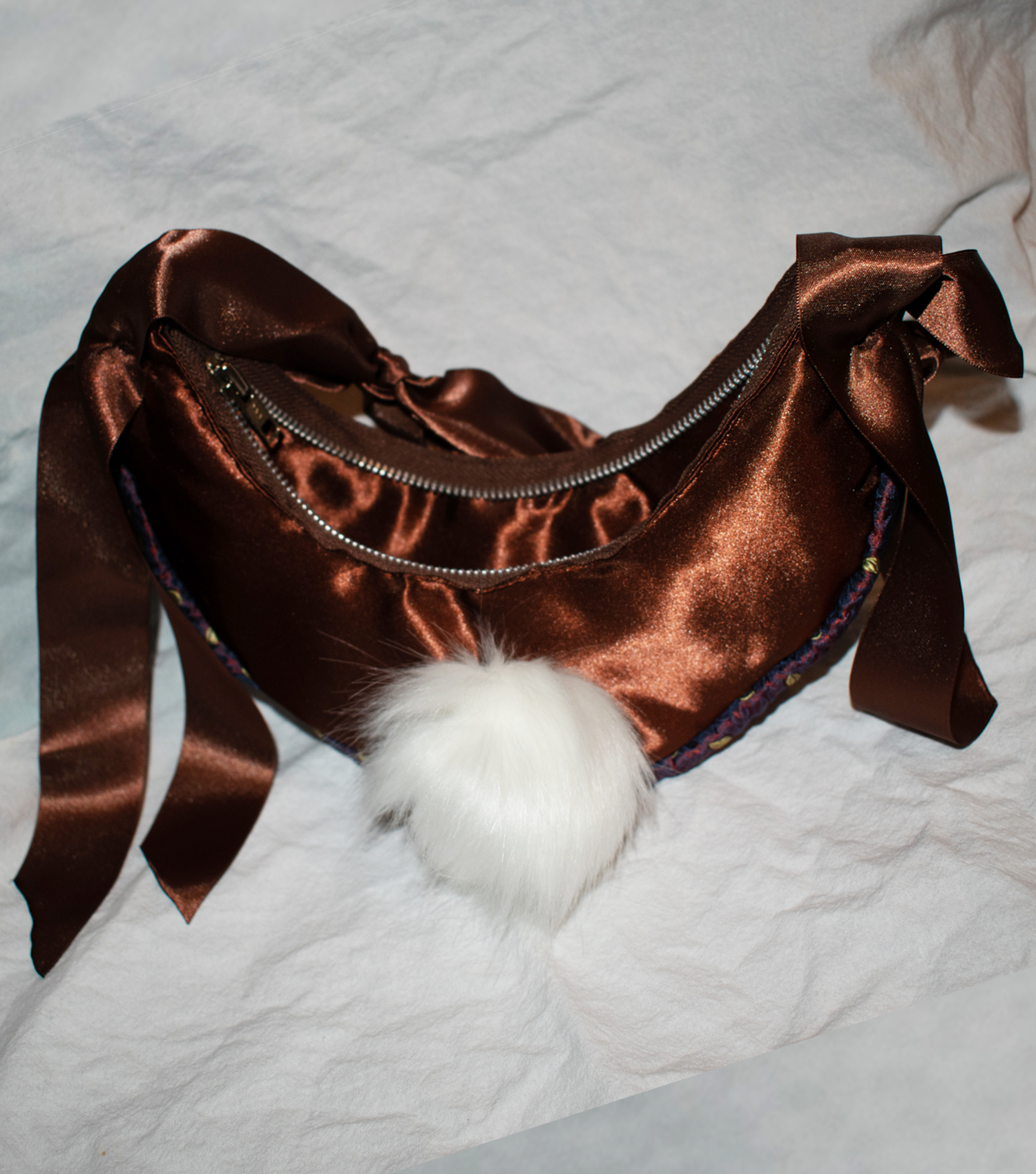 couerfluer, silk bag, satin bag, upcycled bag, mini bag, fur bag, faux fur bunny, silk bag, baguette bag, kathleen, kathleen los angeles, shop kathleen, shop kathleen, independent designer, one of a kind, ribbon bag, chocolate bag