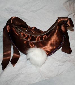 couerfluer, silk bag, satin bag, upcycled bag, mini bag, fur bag, faux fur bunny, silk bag, baguette bag, kathleen, kathleen los angeles, shop kathleen, shop kathleen, independent designer, one of a kind, ribbon bag, chocolate bag