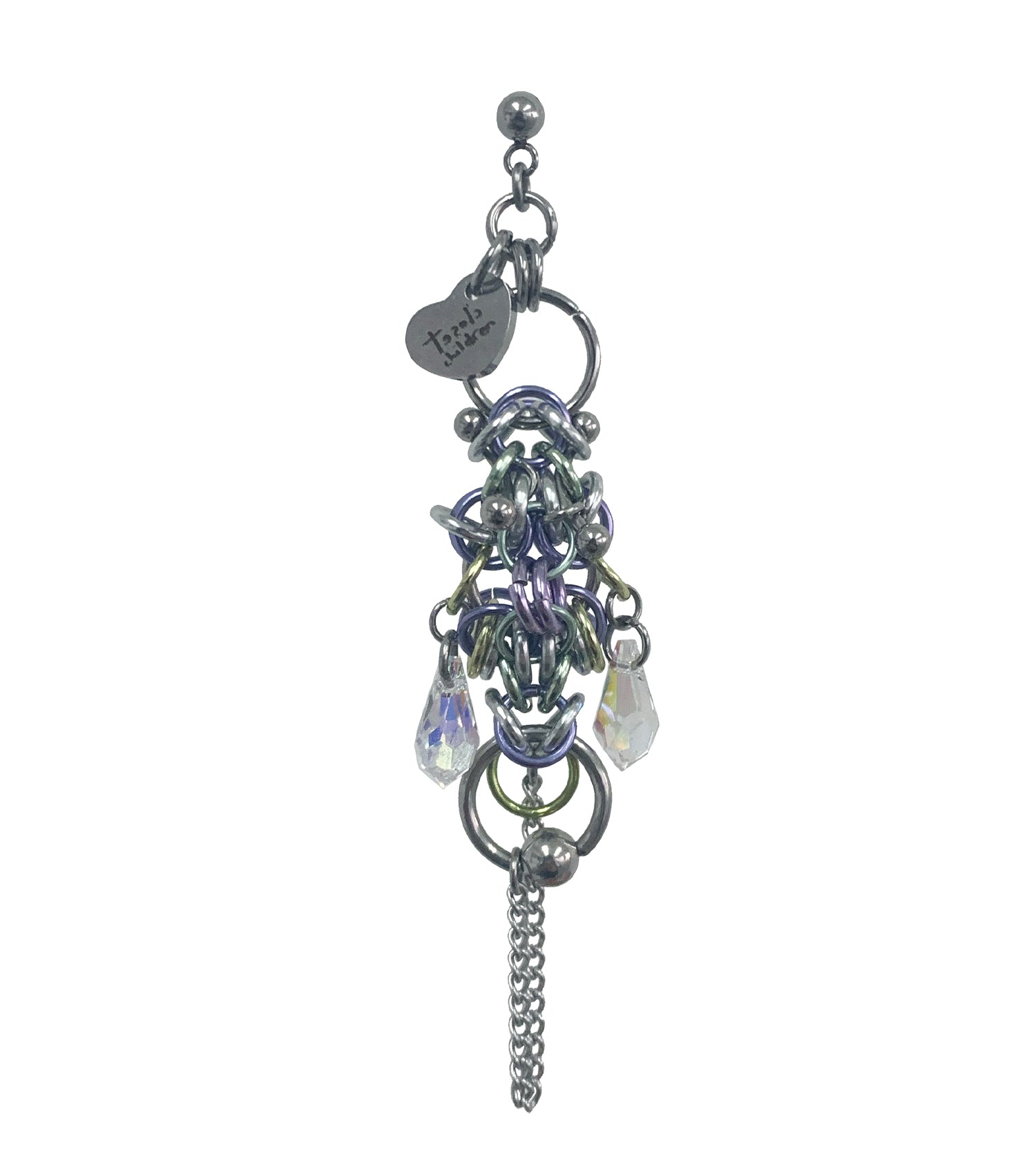 Closet children, earring, earrings, jewelry, made in Singapore, Singapore, handmade, one of a kind, stainless steel, anodized aluminum, titanium, Swarovski, crystal, gem, hoop, pink, purple, aurora lights, Los Angeles, shop Kathleen, Kathleen, chamber II earring