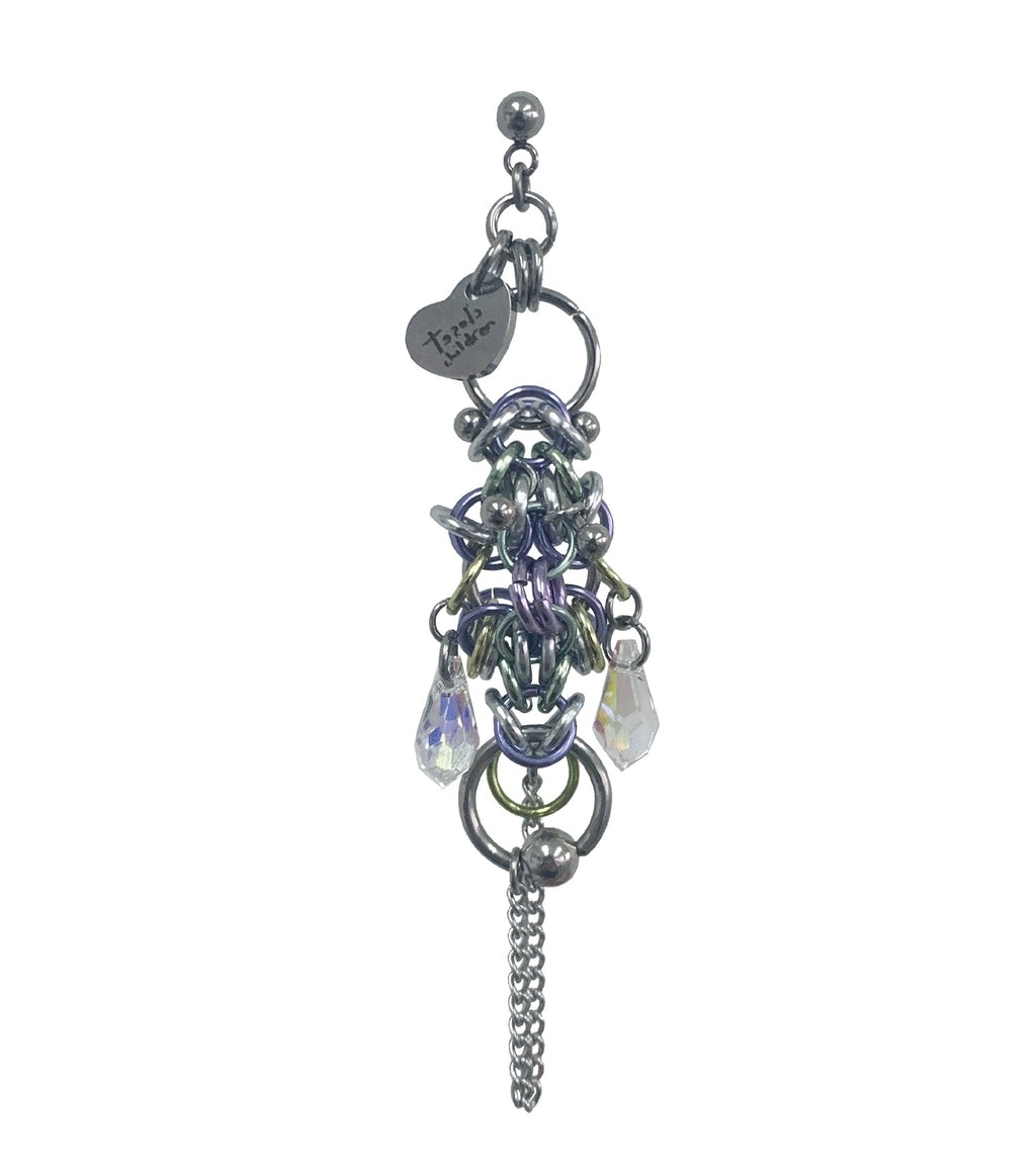 Closet children, earring, earrings, jewelry, made in Singapore, Singapore, handmade, one of a kind, stainless steel, anodized aluminum, titanium, Swarovski, crystal, gem, hoop, pink, purple, aurora lights, Los Angeles, shop Kathleen, Kathleen, chamber II earring