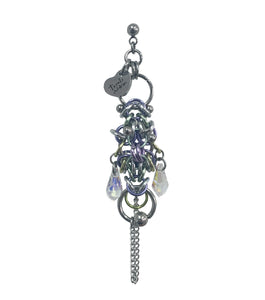 Closet children, earring, earrings, jewelry, made in Singapore, Singapore, handmade, one of a kind, stainless steel, anodized aluminum, titanium, Swarovski, crystal, gem, hoop, pink, purple, aurora lights, Los Angeles, shop Kathleen, Kathleen, chamber II earring