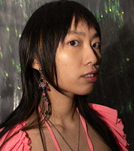 Closet children, earring, earrings, jewelry, made in Singapore, Singapore, handmade, one of a kind, stainless steel, anodized aluminum, titanium, Swarovski, crystal, gem, hoop, pink, purple, aurora lights, Los Angeles, shop Kathleen, Kathleen