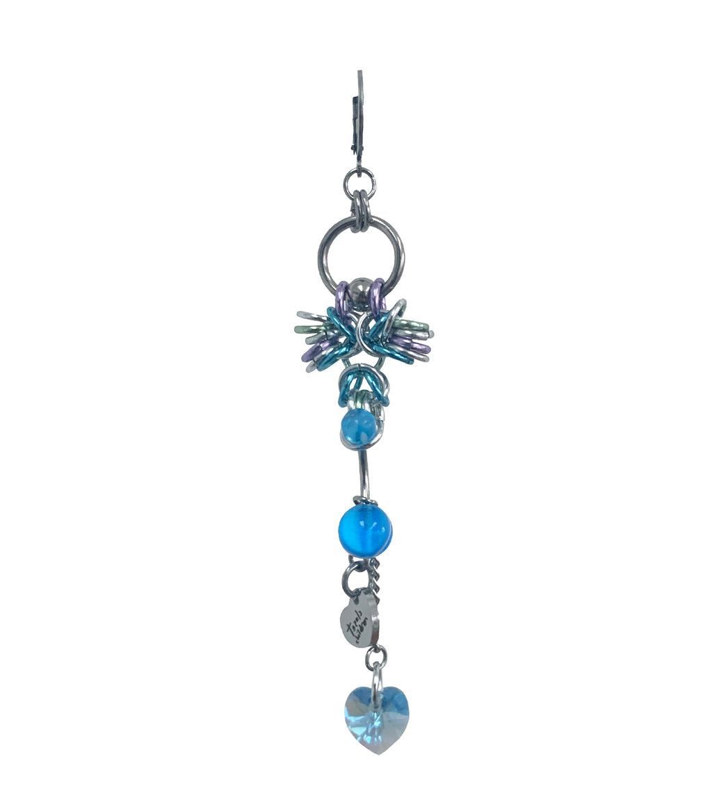 Closet children, earring, earrings, jewelry, made in Singapore, Singapore, handmade, one of a kind, stainless steel, anodized aluminum, titanium, Swarovski, crystal, gem, hoop, pink, purple, aurora lights, Los Angeles, shop Kathleen, Kathleen, cloud drops earring