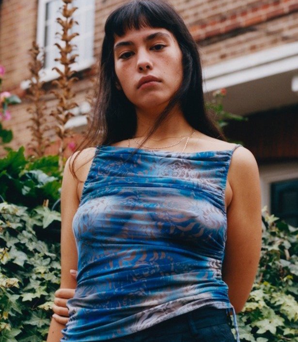 lisa danbi park, kathleen, kathleen los angeles, made in los angeles, handmade, indented designer, independent fashion, independent jewelry, indented boutique, mesh top, two tone top, scrunched top, ruched top, sleeveless top, friendship top, sheer top