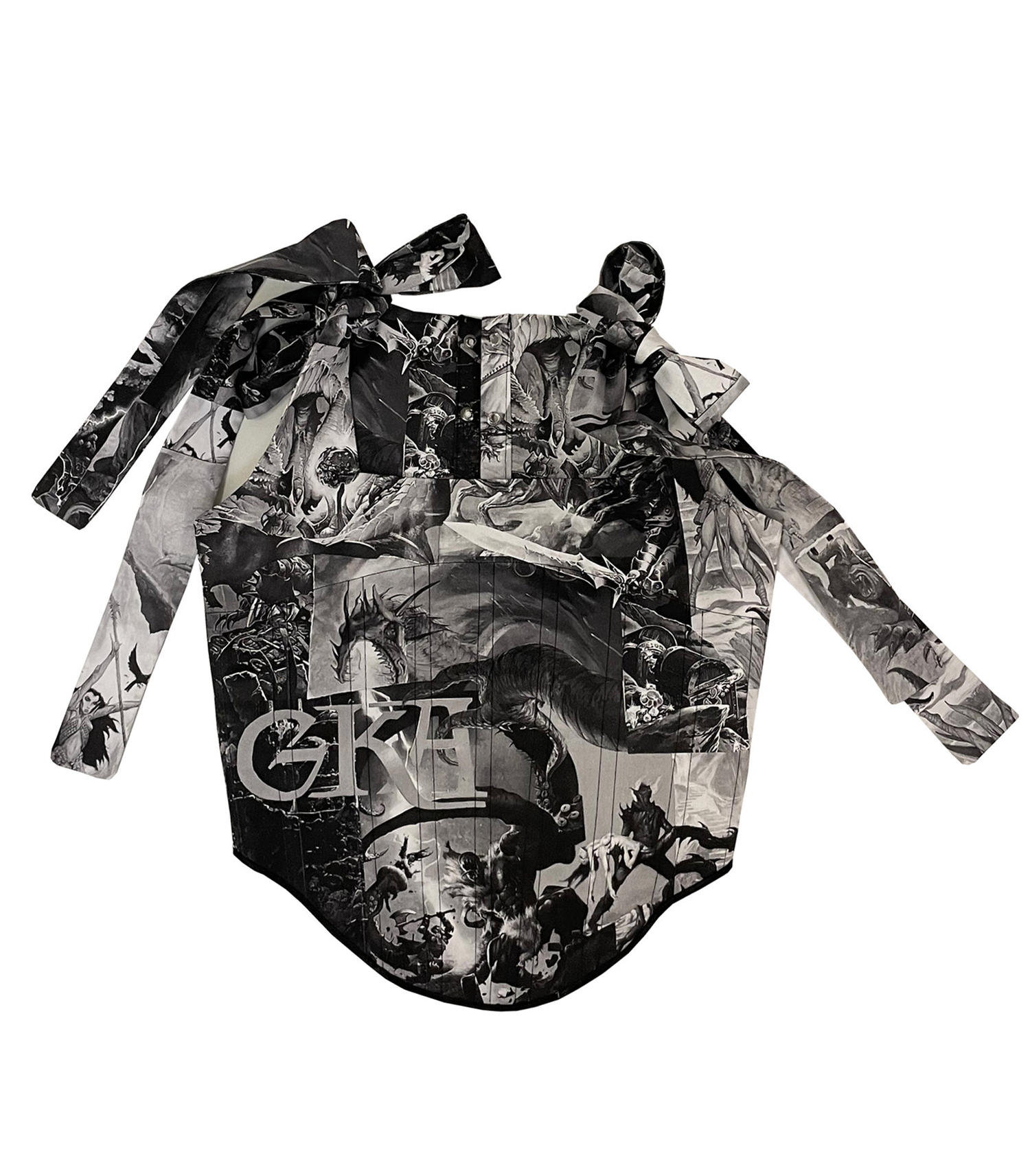 GKA, gautam Kapoor, made in Australia, Australia, australian designer, Melbourne, made in Melbourne, Melbourne designer, graphic, digital, digital print, fantasy, high fantasy, black and white, tank, top, tank top, graphic print, print, cotton, Los Angeles, Kathleen, corset, bustier, stays, fantasy corset, dragon corset