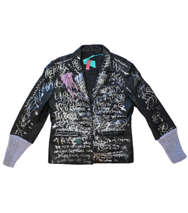 independent designer, independent boutique, handmade, independent fashion, handmade jacket, Kathleen, Shop Kathleen, Kathleen los Angeles, Los Angeles fashion, small business, painted jacket, l.liaxs, made in Australia, Australian designer,  upcycled, recycled, collage jacket, vintage jacket, leather jacket, ethical leather, painted leather, patch leather jacket, diaspora, sustainable jacket, sustainable leather, ethical fashion, ribbon jacket, graffiti jacket,  Stephanie liakos, L.iaxs, leather blazer
