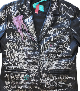 independent designer, independent boutique, handmade, independent fashion, handmade jacket, Kathleen, Shop Kathleen, Kathleen los Angeles, Los Angeles fashion, small business, painted jacket, l.liaxs, made in Australia, Australian designer,  upcycled, recycled, collage jacket, vintage jacket, leather jacket, ethical leather, painted leather, patch leather jacket, diaspora, sustainable jacket, sustainable leather, ethical fashion, ribbon jacket, graffiti jacket,  Stephanie liakos, L.iaxs, leather blazer