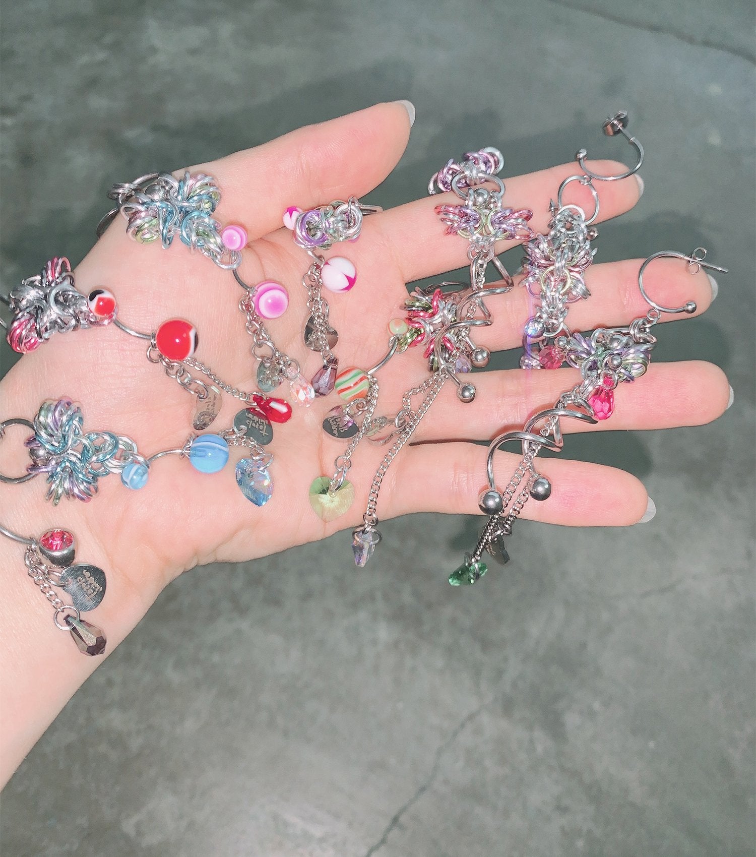 Closet children, earring, earrings, jewelry, made in Singapore, Singapore, handmade, one of a kind, stainless steel, anodized aluminum, titanium, Swarovski, crystal, gem, hoop, pink, purple, aurora lights, Los Angeles, shop Kathleen, Kathleen, lila start earring