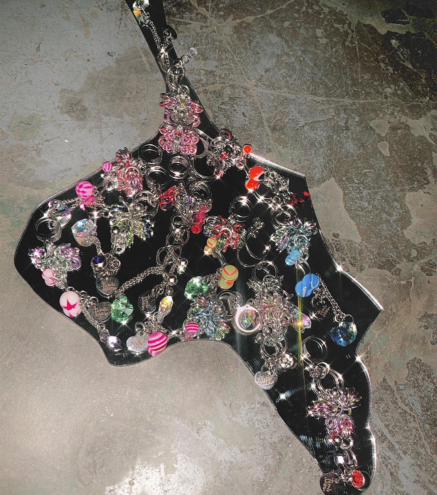 Closet children, earring, earrings, jewelry, made in Singapore, Singapore, handmade, one of a kind, stainless steel, anodized aluminum, titanium, Swarovski, crystal, gem, hoop, pink, purple, aurora lights, Los Angeles, shop Kathleen, Kathleen, lila start earring