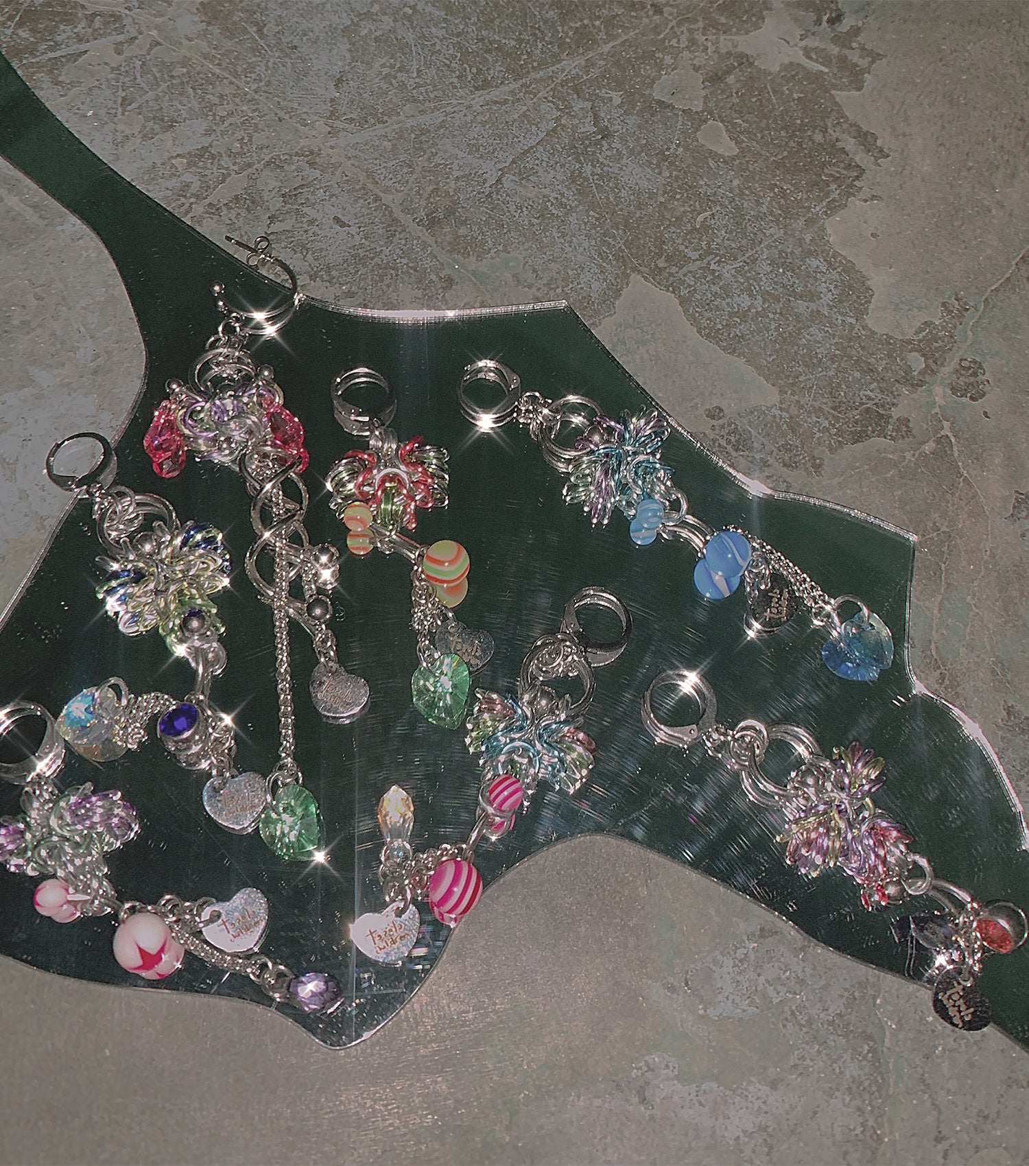Closet children, earring, earrings, jewelry, made in Singapore, Singapore, handmade, one of a kind, stainless steel, anodized aluminum, titanium, Swarovski, crystal, gem, hoop, pink, purple, aurora lights, Los Angeles, shop Kathleen, Kathleen, blood tears cherubim