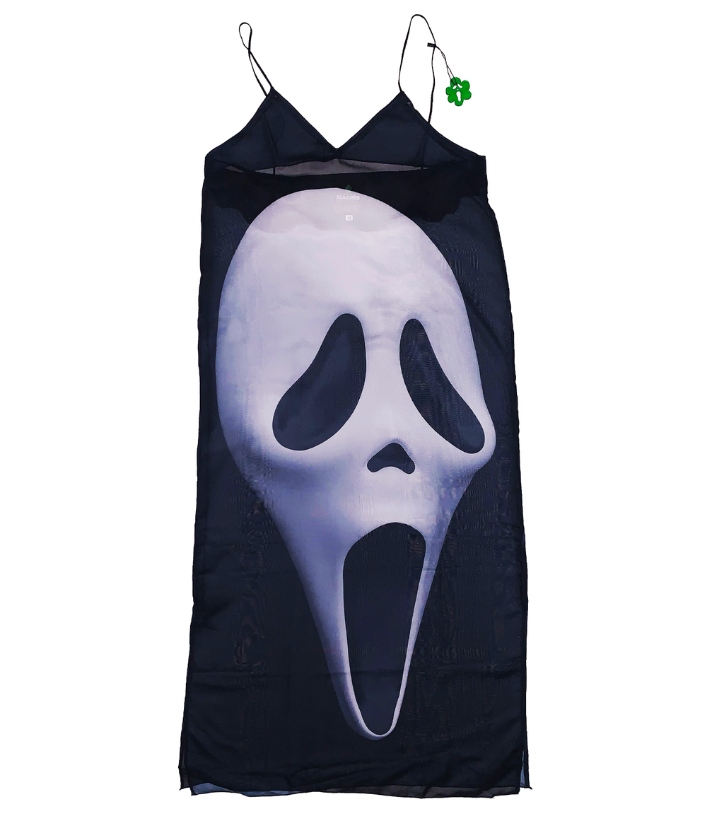 Bodega Slasher, scream, 1997, y2k, ghostface, ghost, ghost face, ghostface slip dress, dress, slip, clothing, scream dress, costume, black, Mexico, made in Mexico, Los Angeles, Kathleen, chiffon