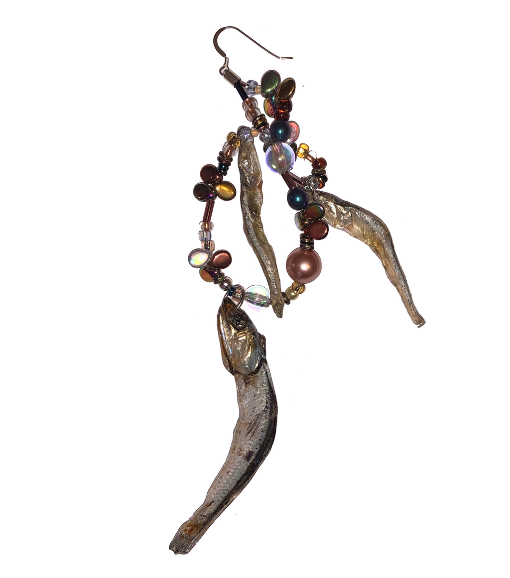earrings, fish earrings, hand beaded earrings, dangle earrings, single earring, danbi, lisa danbi park, lunchbox earring, myeulchi earrings, kathleen, kathleen los angeles, made in los angeles, handmade, indented designer, independent fashion, independent jewelry, indented boutique