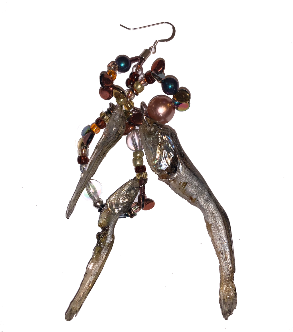 earrings, fish earrings, hand beaded earrings, dangle earrings, single earring, danbi, lisa danbi park, lunchbox earring, myeulchi earrings, kathleen, kathleen los angeles, made in los angeles, handmade, indented designer, independent fashion, independent jewelry, indented boutique