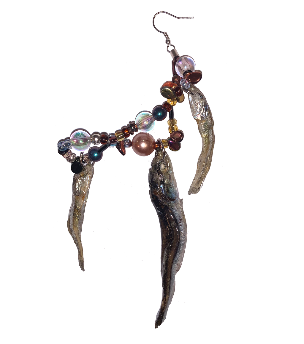 earrings, fish earrings, hand beaded earrings, dangle earrings, single earring, danbi, lisa danbi park, lunchbox earring, myeulchi earrings, kathleen, kathleen los angeles, made in los angeles, handmade, indented designer, independent fashion, independent jewelry, indented boutique