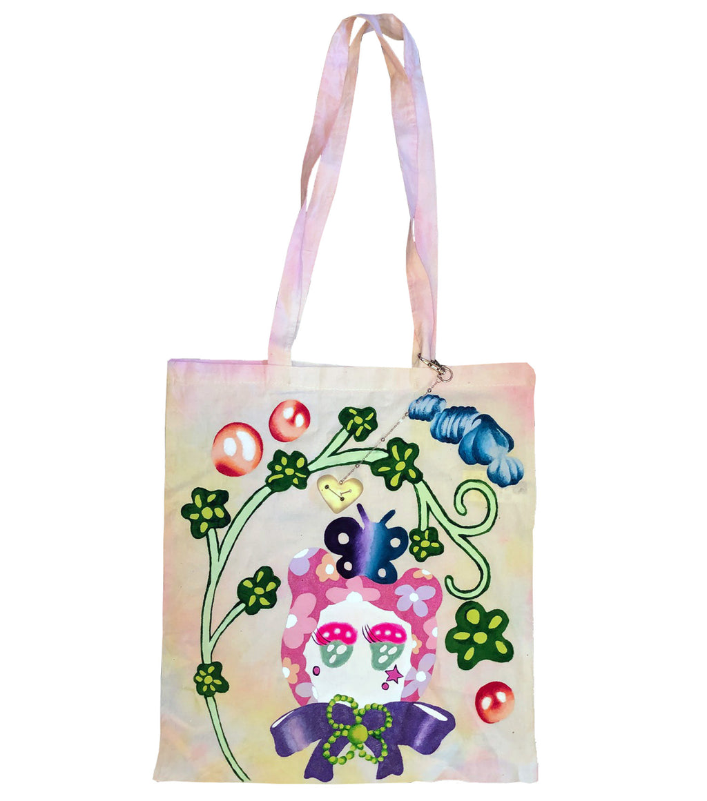 Ema Gaspar, Ema G B, hand painted tote, one of a kind, independent artist, independent designer, resin keychain, heart keychain, kathleen, kathleen los angeles, shop kathleen, independent boutique, indie boutique, tote bag, cotton tote, cartoon tote, pierced keychain, tie dye tote, hand dyed
