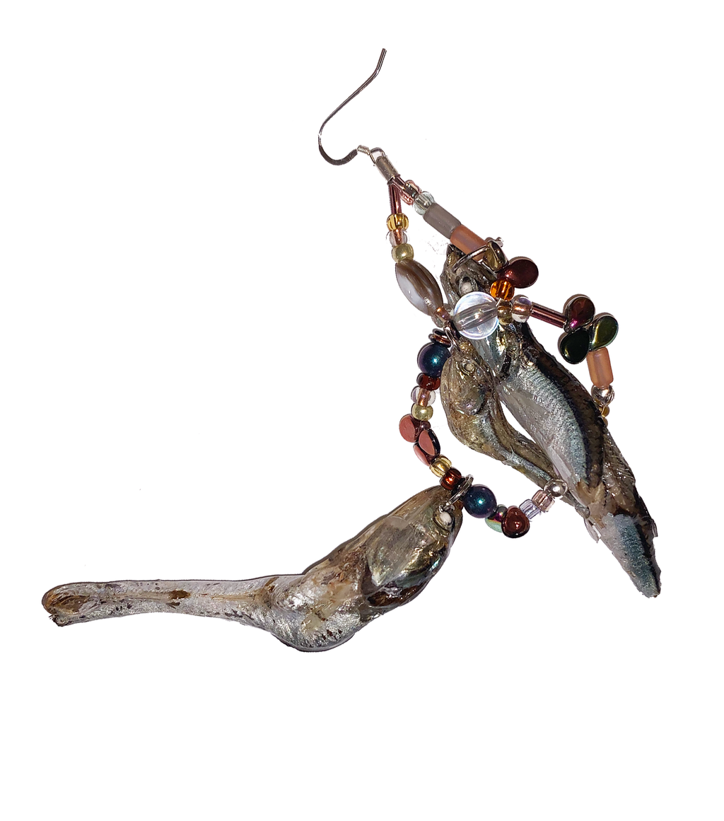 earrings, fish earrings, hand beaded earrings, dangle earrings, single earring, danbi, lisa danbi park, lunchbox earring, myeulchi earrings, kathleen, kathleen los angeles, made in los angeles, handmade, indented designer, independent fashion, independent jewelry, indented boutique 