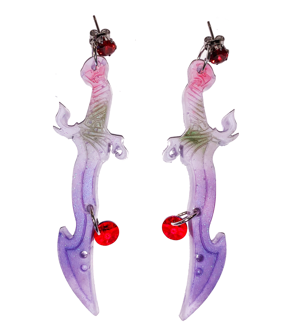 earrings, emma pryde, Madison artist, handmade, dagger, sword, shop kathleen, kathleen, los angeles, handmade, crystal, lasercut, cz, Swarovski, kathleen los angeles, shop kathleen, kathleen la, crystal earrings, emma pryde earrings, emma pryde necklaces, jewel earrings, anime earrings, video game earrings, scimitar earrings, small business, hand cast resin earrings, glitter earrings