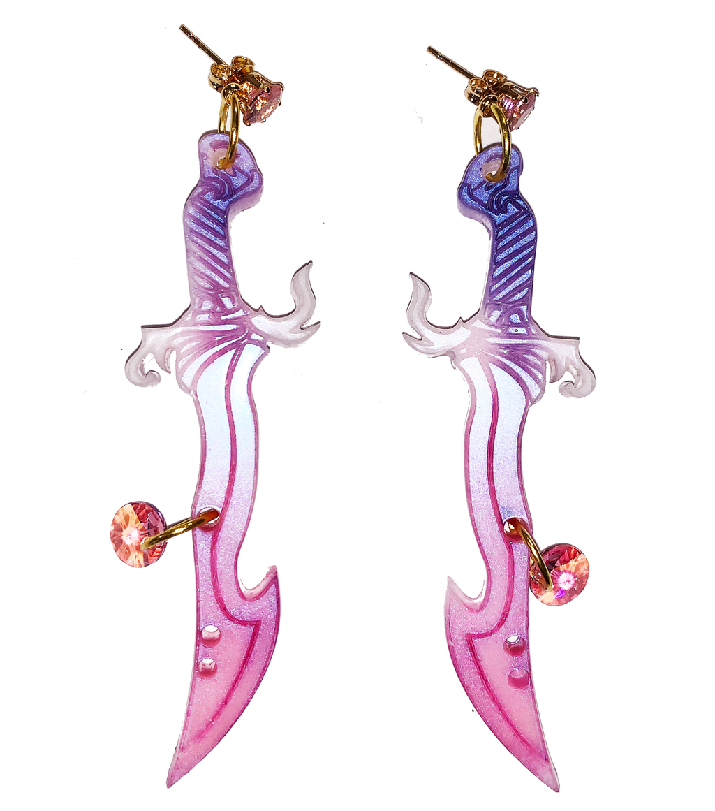 earrings, emma pryde, Madison artist, handmade, dagger, sword, shop kathleen, kathleen, los angeles, handmade, crystal, lasercut, cz, Swarovski, kathleen los angeles, shop kathleen, kathleen la, crystal earrings, emma pryde earrings, emma pryde necklaces, jewel earrings, anime earrings, video game earrings, scimitar earrings, small business, hand cast resin earrings, glitter earrings