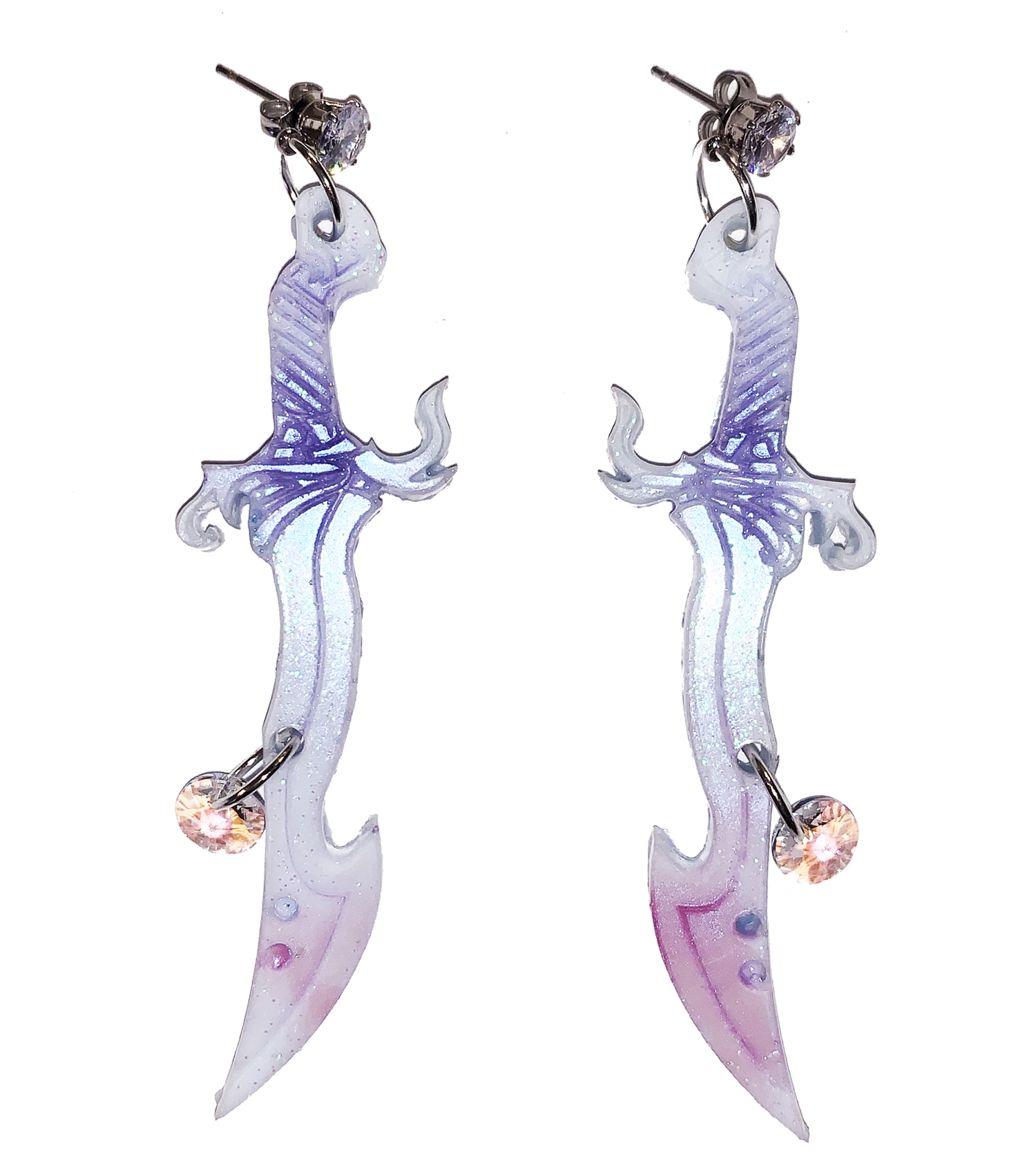 earrings, emma pryde, Madison artist, handmade, dagger, sword, shop kathleen, kathleen, los angeles, handmade, crystal, lasercut, cz, Swarovski, kathleen los angeles, shop kathleen, kathleen la, crystal earrings, emma pryde earrings, emma pryde necklaces, jewel earrings, anime earrings, video game earrings, scimitar earrings, small business, hand cast resin earrings, glitter earrings