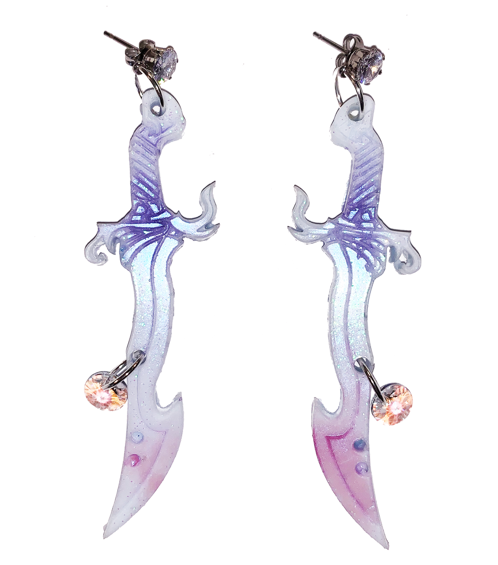 earrings, emma pryde, Madison artist, handmade, dagger, sword, shop kathleen, kathleen, los angeles, handmade, crystal, lasercut, cz, Swarovski, kathleen los angeles, shop kathleen, kathleen la, crystal earrings, emma pryde earrings, emma pryde necklaces, jewel earrings, anime earrings, video game earrings, scimitar earrings, small business, hand cast resin earrings, glitter earrings
