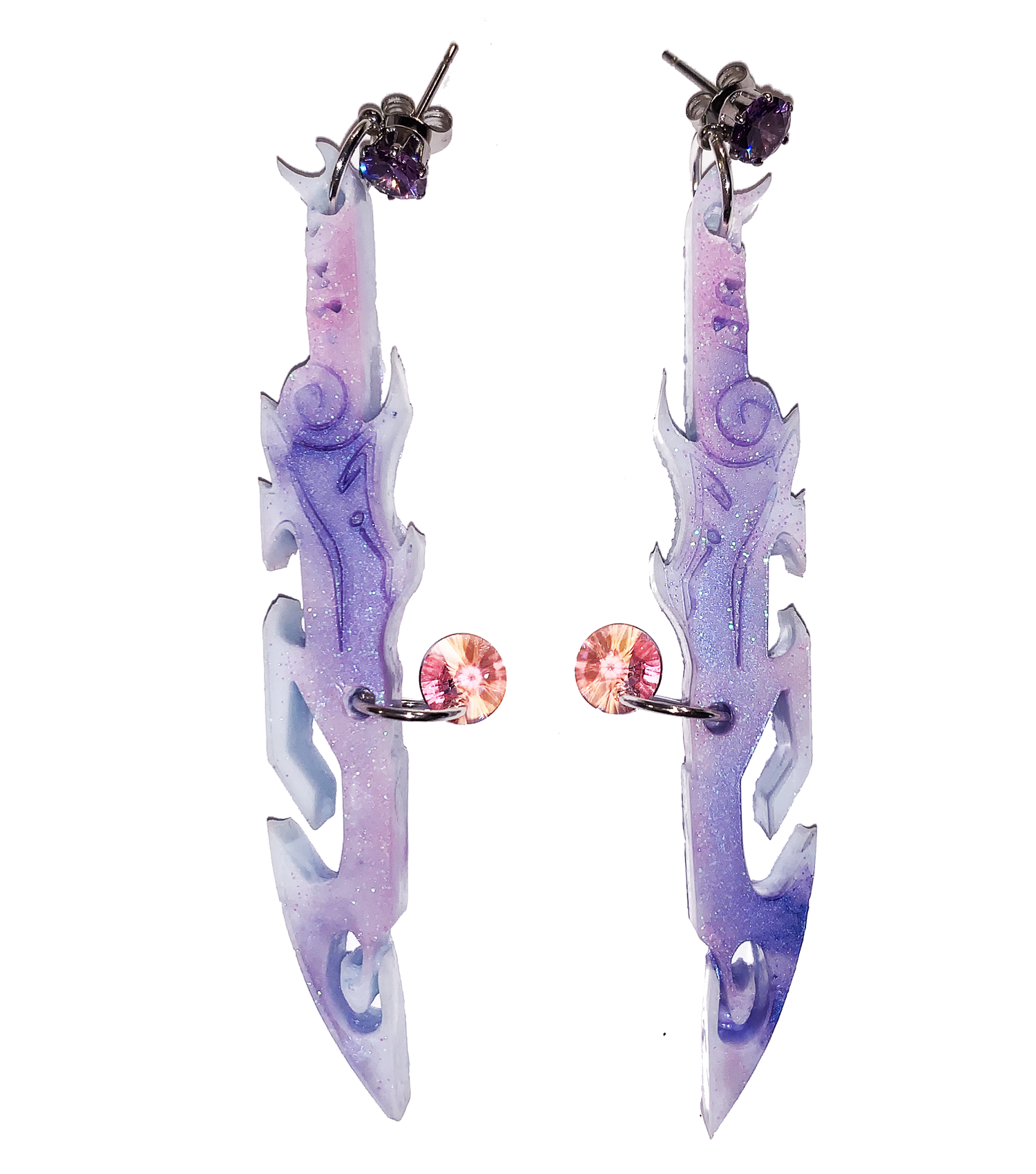 earrings, emma pryde, Madison artist, handmade, dagger, sword, shop kathleen, kathleen, los angeles, handmade, crystal, lasercut, cz, Swarovski, kathleen los angeles, shop kathleen, kathleen la, crystal earrings, emma pryde earrings, emma pryde necklaces, jewel earrings, anime earrings, video game earrings, scimitar earrings, small business, hand cast resin earrings, glitter earrings