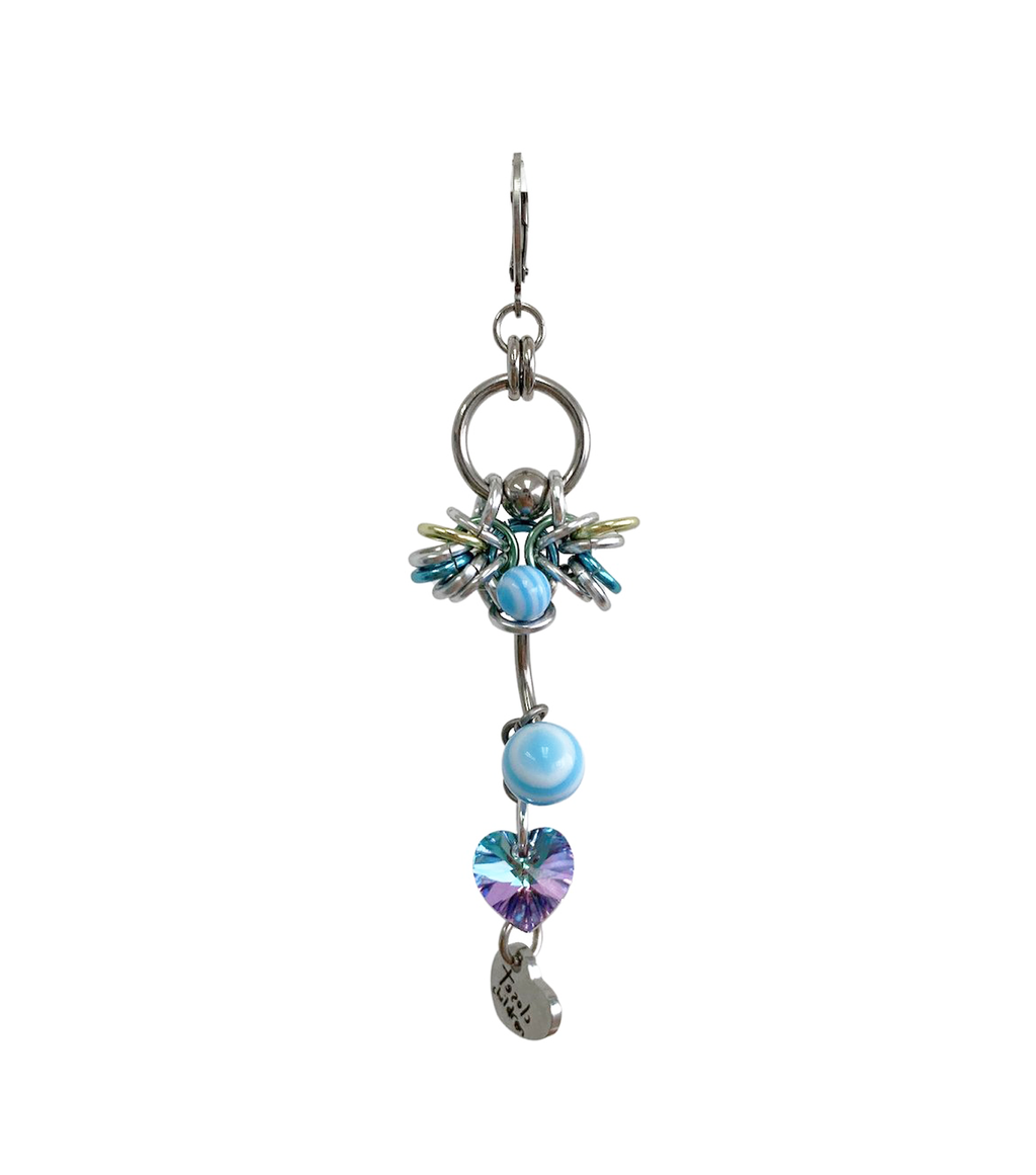 Closet children, earring, earrings, jewelry, made in Singapore, Singapore, handmade, one of a kind, stainless steel, anodized aluminum, titanium, Swarovski, crystal, gem, hoop, pink, purple, aurora lights, Los Angeles, shop Kathleen, Kathleen