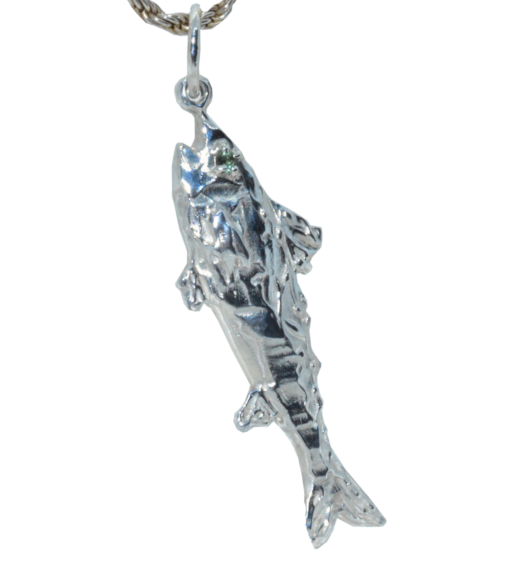 Loneru, Lonerü, sterling silver necklace, fish jewelry, vermont jewelry, sterling silver necklace, green sapphire gemstone, kathleen, kathleen los angeles, independent boutique, independent artist, independent designer, handmade jewelry, los angeles boutique, fish necklace, fisherman necklace