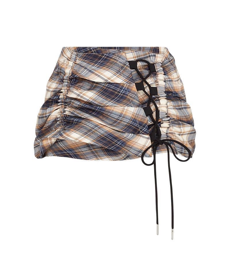 mini skirt, australian designer, independent fashion, independent designer, independent boutique, handmade, mini ruched skirt, independent fashion, handmade skirt,  asymmetrical skirt, , Karla Laidlaw, karlalaidlaw, Kathleen, Shop Kathleen, ruched skirt, plaid skirt, corset skirt, lace up skirt, check shirt