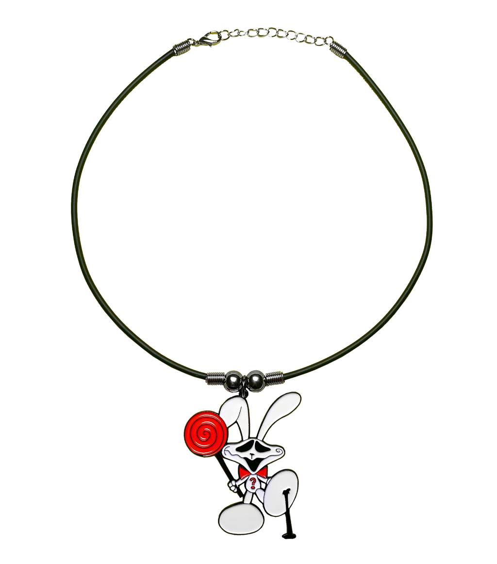 bunny, comic, emo, creepy bunny, necklace, tobangus, coco paluck, scene, candy bunny, cartoon bunny, rubber necklace, 90s necklace, kathleen, shop kathleen, independent artist, independent designer