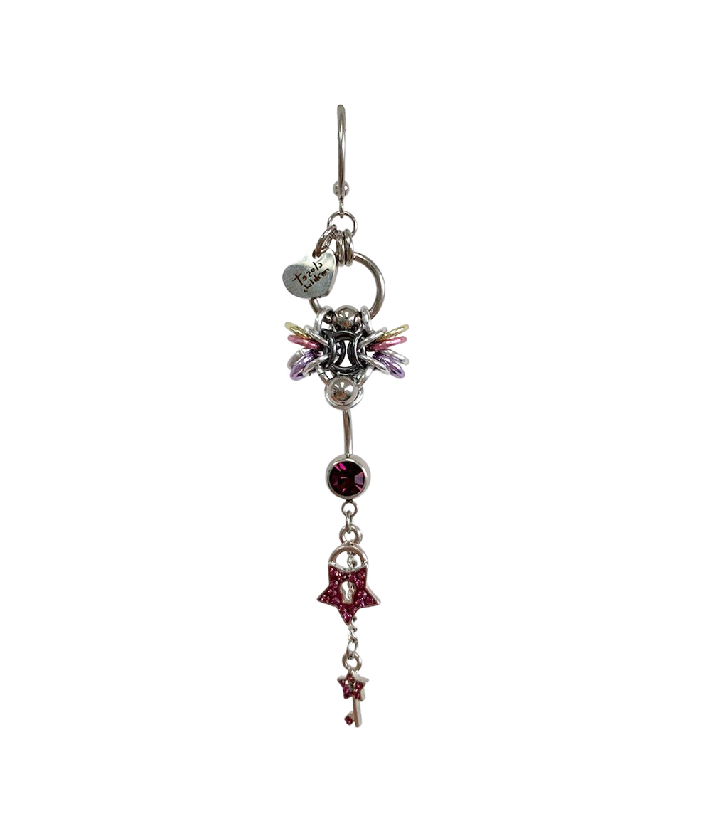 Closet children, earring, earrings, jewelry, made in Singapore, Singapore, handmade, one of a kind, stainless steel, anodized aluminum, titanium, Swarovski, crystal, gem, hoop, pink, purple, aurora lights, Los Angeles, shop Kathleen, Kathleen