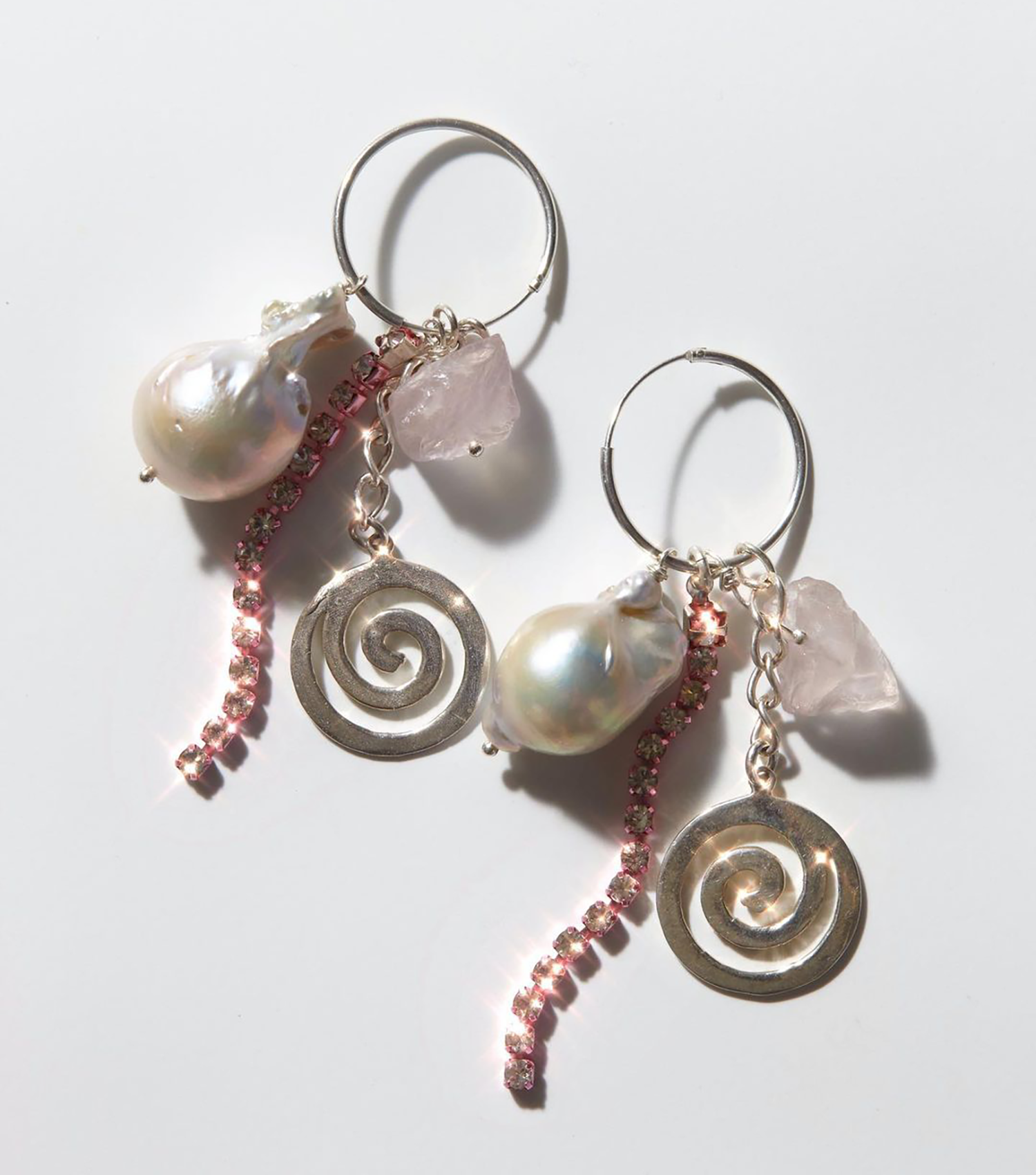 Janky Jewels, Kathleen, Los Angeles, Boutique, New York, Pearl earring, Kathleen Los Angeles, Handmade, Freshwater pearls, charm earring, pearl hoop, Los Angeles Boutique, pearls, healing hoop, dangle hoop, charm hoop, rose quartz