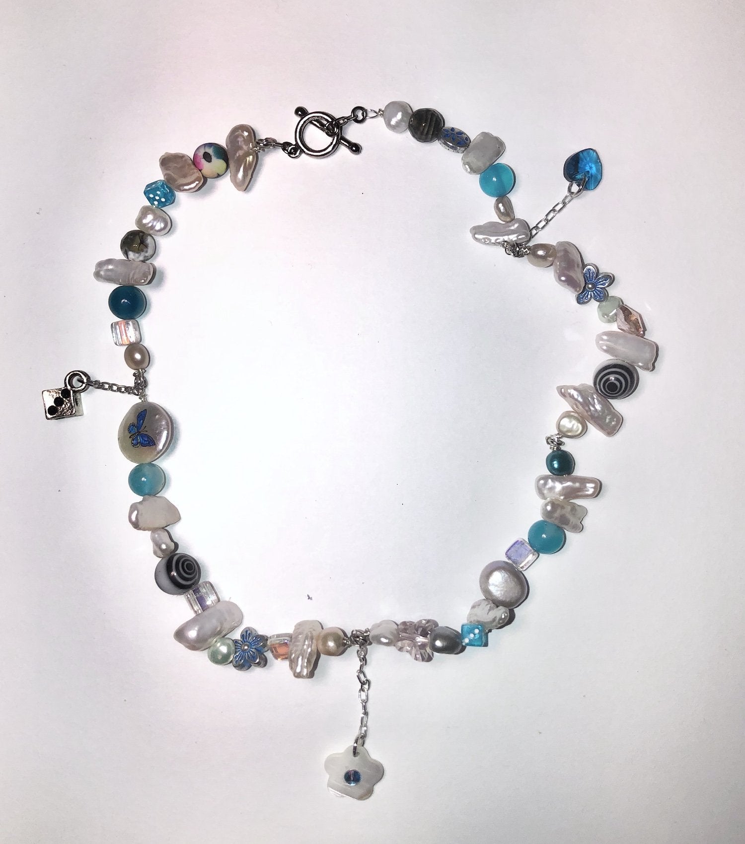 Freshwater Pearl Choker - Silver White & Blue Flower