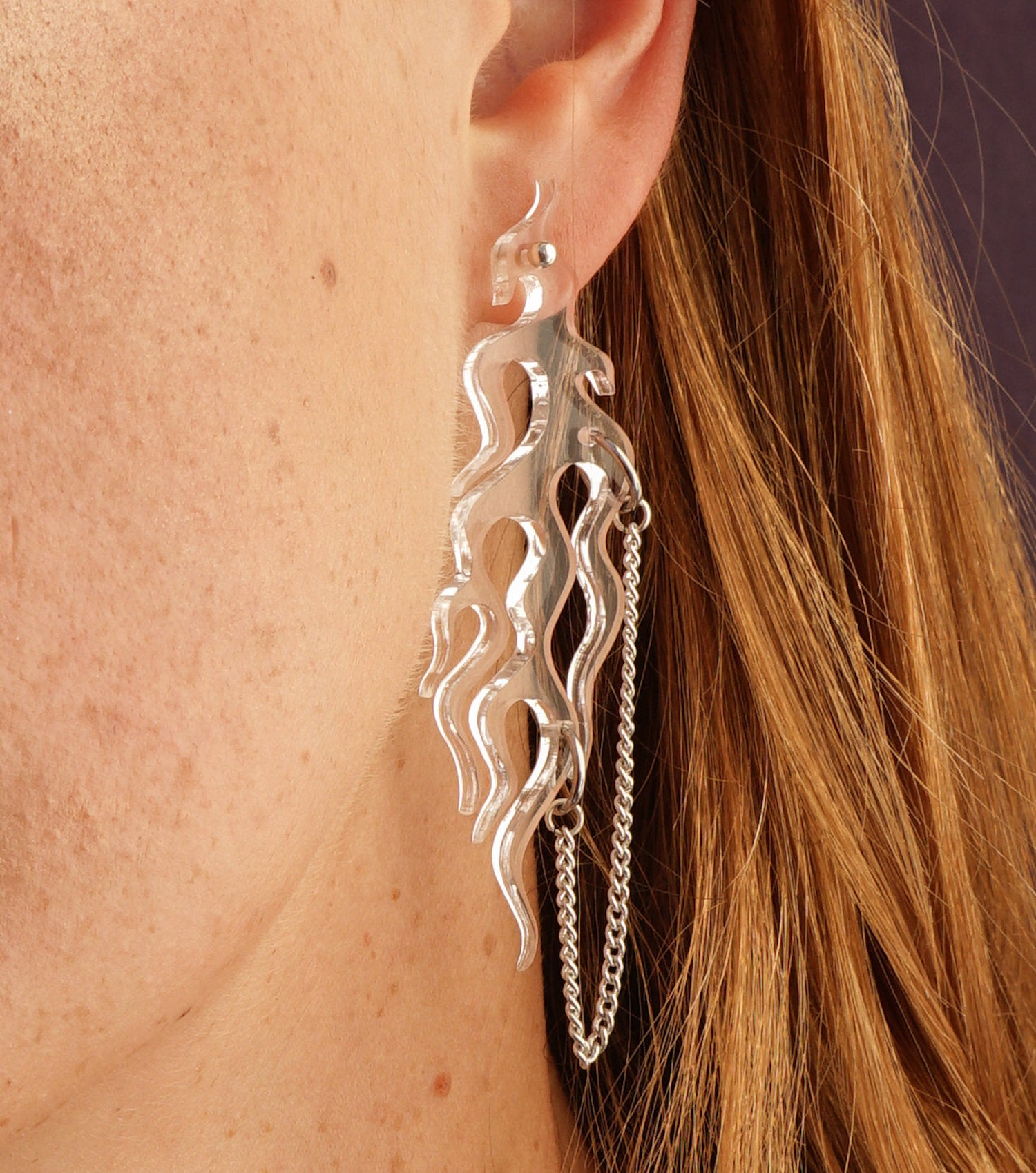 Flame earrings, Fanny Inserra, Upcylced, recycled jewelry, flame earrings, pierced earrings, plexiglass, Kathleen, Kathleen Los Angeles, los angeles boutique, independent artist, independent designer, sustainable fashion, sustainable jewelry 