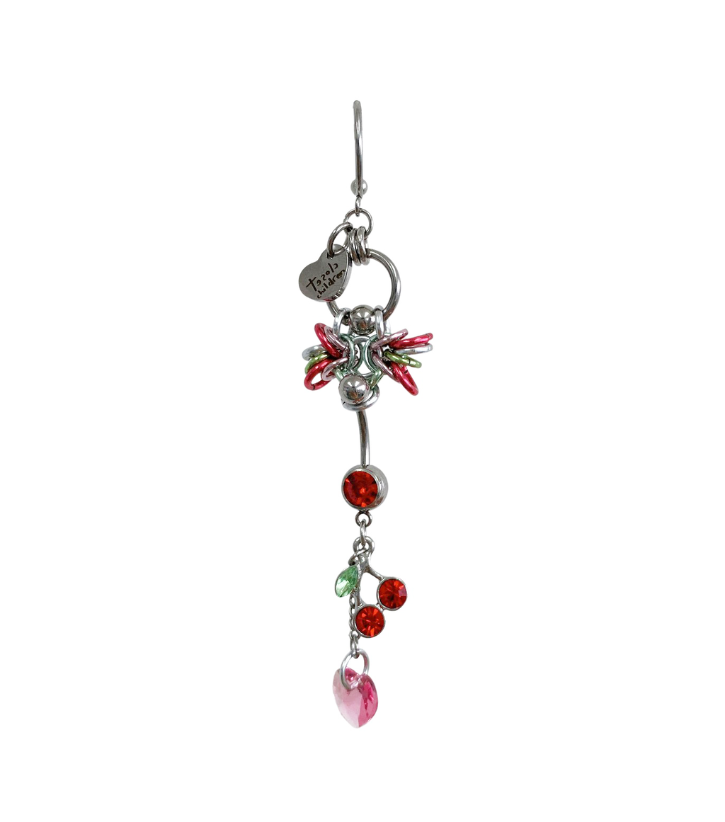 Closet children, earring, earrings, jewelry, made in Singapore, Singapore, handmade, one of a kind, stainless steel, anodized aluminum, titanium, Swarovski, crystal, gem, hoop, pink, purple, aurora lights, Los Angeles, shop Kathleen, Kathleen, cherry earring