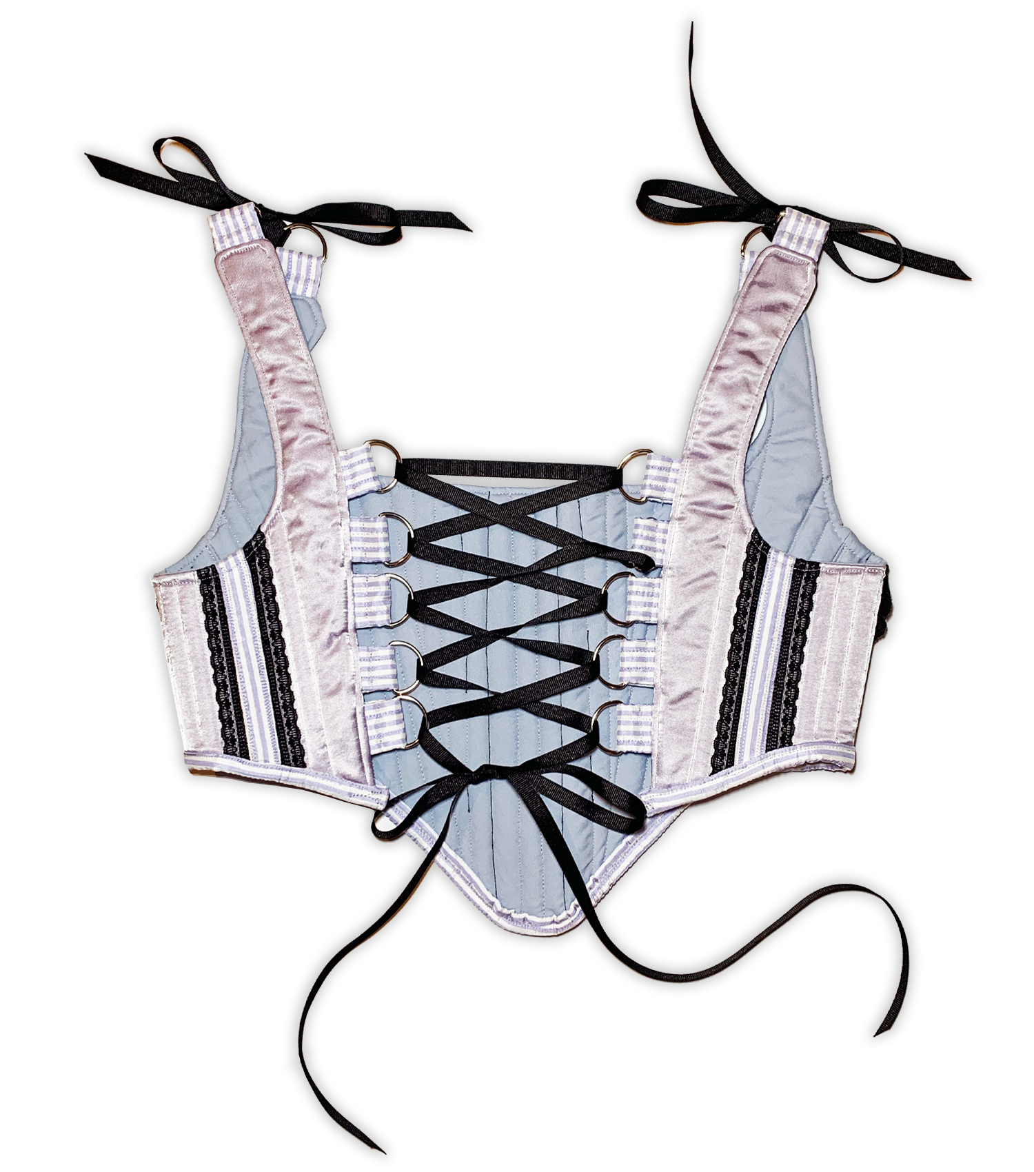 Meg Beck, Kathleen Los Angeles, Kathleen, Independent boutique, independent fashion, independent designer, handmade, one of a kind, upcycled, recycled fashion, sustainable fashion, underbust corset, corset, satin corset, half corset, houndstooth corset, corset top, bow corset, blue corset, regency stays, regency corset, half stays, 18th century corset