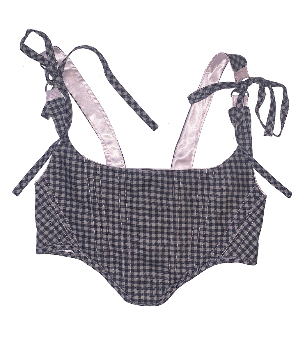  Meg Beck, Kathleen Los Angeles, Kathleen, Independent boutique, independent fashion, independent designer, handmade, one of a kind, upcycled, recycled fashion, sustainable fashion, white corset, rose corset, satin corset, striped corset, pink corset, gingham corset, houndstooth corset, black corset, corset top, bow corset, regency stays, regency corset, half stays, pink stays, laceup corset
